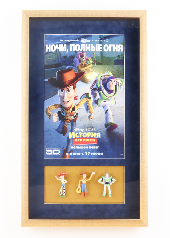 "Toy Story 3" Custom Deep Shadowboxed Frame Russian Print Display with (3) Character Figurines at PristineAuction.com "Toy Story 3" Custom Deep Shadowboxed Frame Russian Print Display with (3) Character Figurines at PristineAuction.com