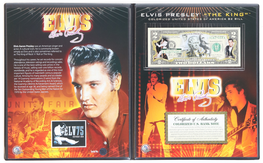 Elvis Presley Genuine Legal Tender Colorized U.S. $2.00 Two Dollar Bill Commemorative Edition Bank Note with Folder at PristineAuction.com Elvis Presley Genuine Legal Tender Colorized U.S. $2.00 Two Dollar Bill Commemorative Edition Bank Note with Folder at PristineAuction.com
