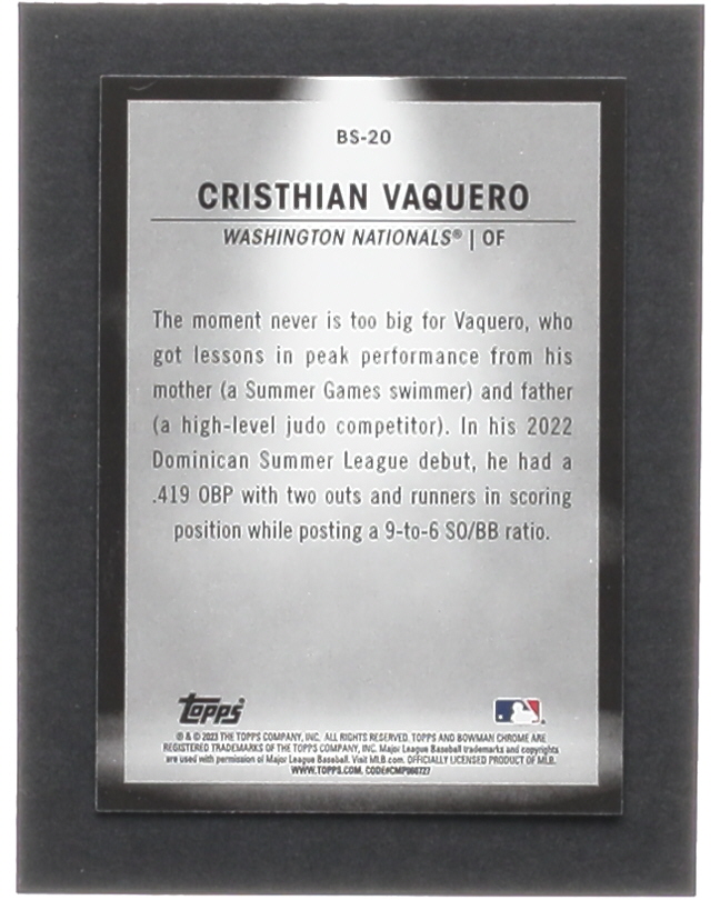 Cristhian Vaquero 2023 Bowman Chrome Bowman Spotlights #BS20 at PristineAuction.com Cristhian Vaquero 2023 Bowman Chrome Bowman Spotlights #BS20 at PristineAuction.com