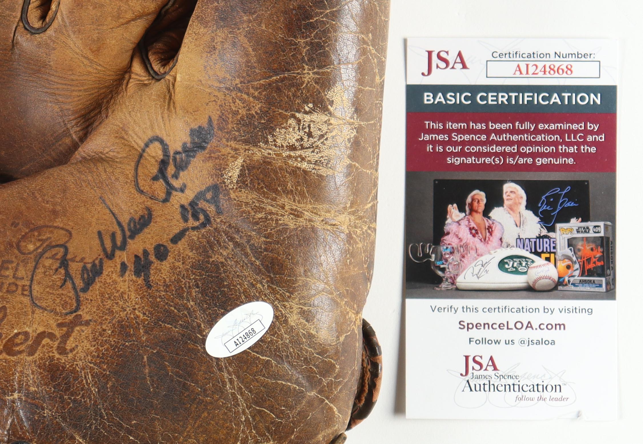 Pee Wee Reese Signed 1952 Denkert Pee Wee Reese Fastback Model Vintage Glove Inscribed "'40-'59" in New Acrylic Low Profile Case (JSA) at PristineAuction.com Pee Wee Reese Signed 1952 Denkert Pee Wee Reese Fastback Model Vintage Glove Inscribed "'40-'59" in New Acrylic Low Profile Case (JSA) at PristineAuction.com