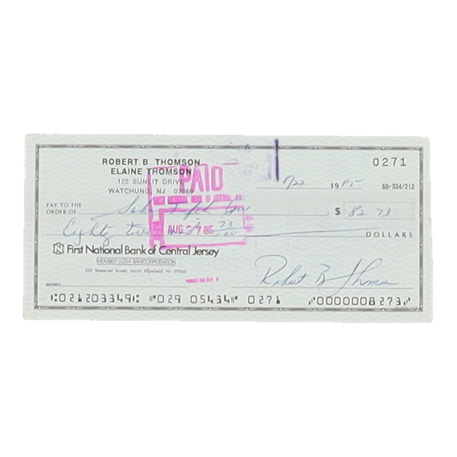 Bobby Thomson Signed 1985 Personal Check (Beckett) at PristineAuction.com Bobby Thomson Signed 1985 Personal Check (Beckett) at PristineAuction.com