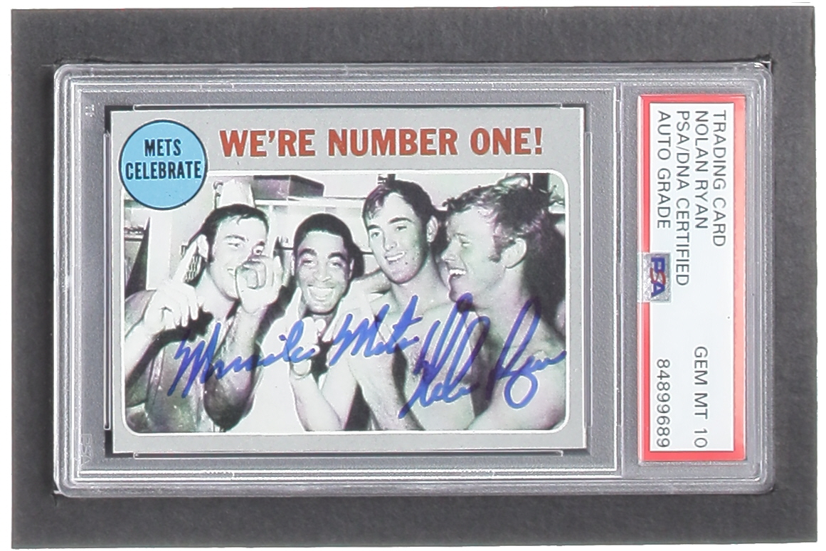 Nolan Ryan Signed 1970 Topps #198 NL Playoff Summary/Mets Celebrate Inscribed "Miracle Mets" (PSA | Auto 10) at PristineAuction.com Nolan Ryan Signed 1970 Topps #198 NL Playoff Summary/Mets Celebrate Inscribed "Miracle Mets" (PSA | Auto 10) at PristineAuction.com