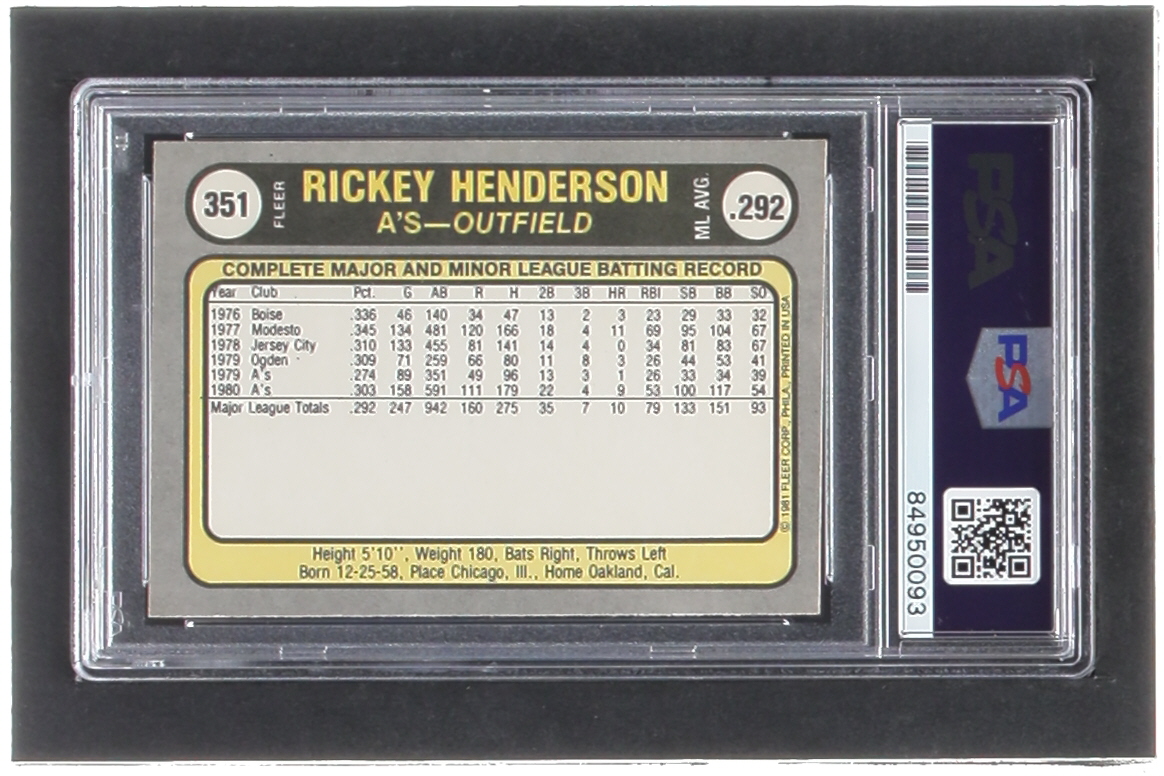 Rickey Henderson Signed 1981 Fleer #351 Most Stolen Bases AL (PSA) at PristineAuction.com Rickey Henderson Signed 1981 Fleer #351 Most Stolen Bases AL (PSA) at PristineAuction.com