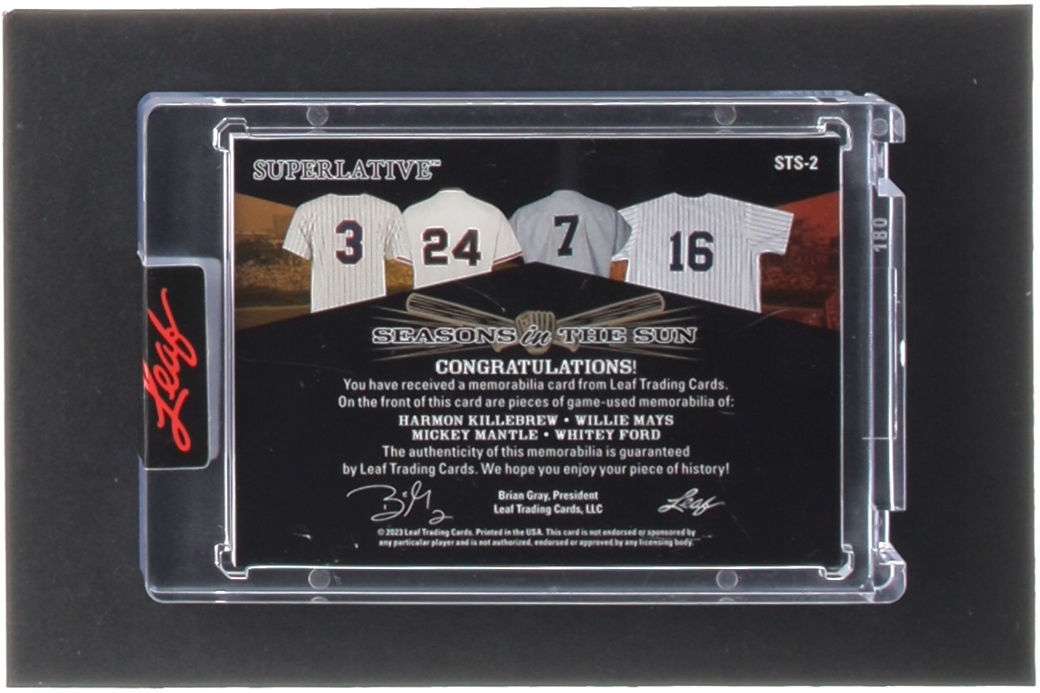 Harmon Killebrew / Willie Mays / Mickey Mantle / Whitey Ford 2023 Leaf Superlative Seasons in the Sun Black Spectrum #STS2 #3/3 at PristineAuction.com Harmon Killebrew / Willie Mays / Mickey Mantle / Whitey Ford 2023 Leaf Superlative Seasons in the Sun Black Spectrum #STS2 #3/3 at PristineAuction.com