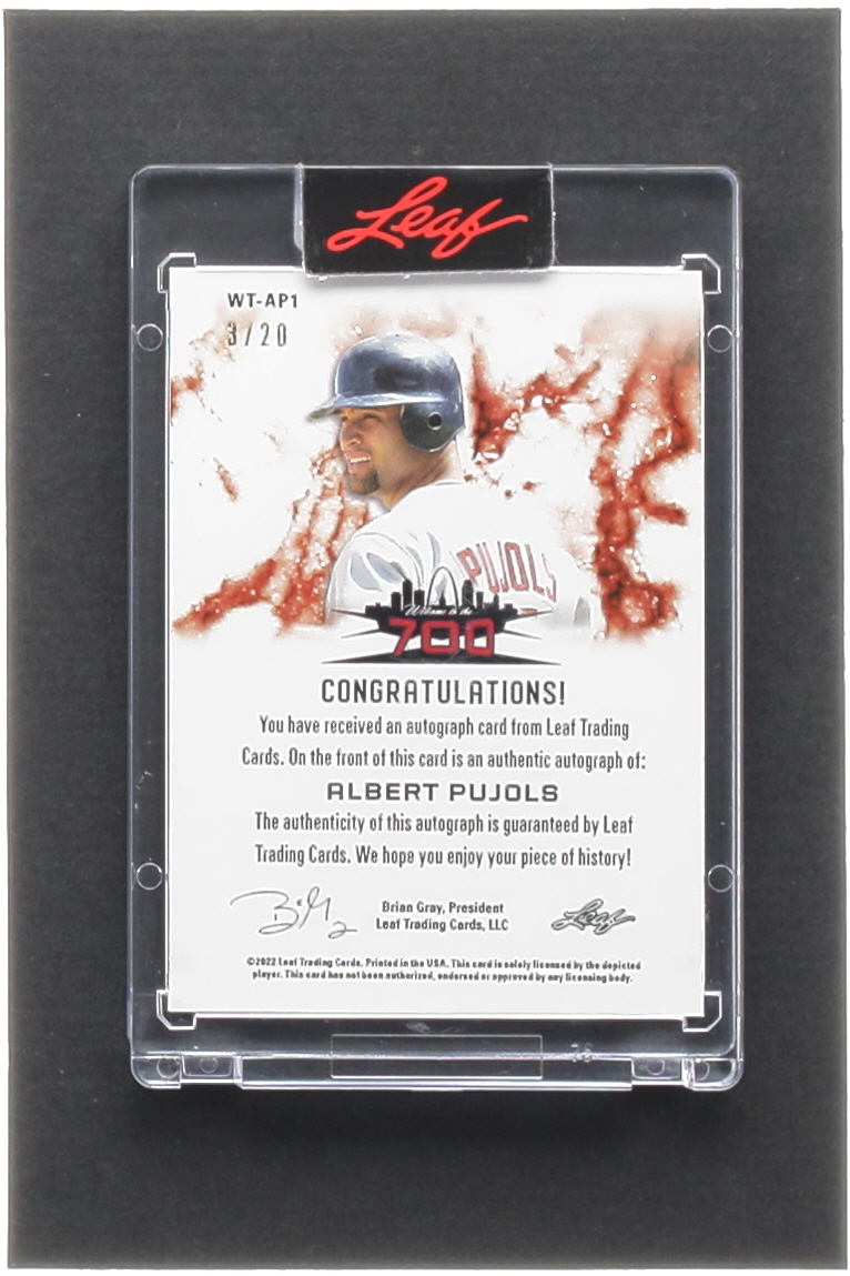 Albert Pujols 2022 Leaf Welcome to the 700 Home Run Club Autograph #WTAP1 #03/20 at PristineAuction.com Albert Pujols 2022 Leaf Welcome to the 700 Home Run Club Autograph #WTAP1 #03/20 at PristineAuction.com