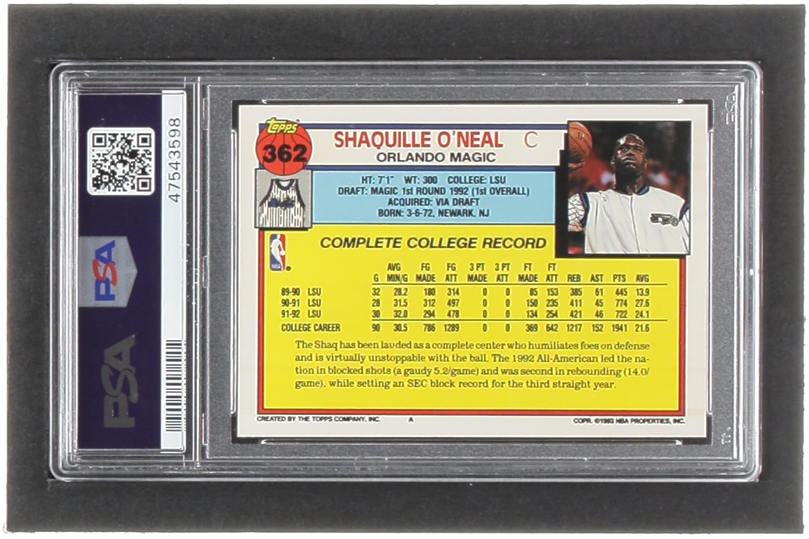 Shaquille O'Neal 1992-93 Topps #362 RC (PSA 9) at PristineAuction.com Shaquille O'Neal 1992-93 Topps #362 RC (PSA 9) at PristineAuction.com