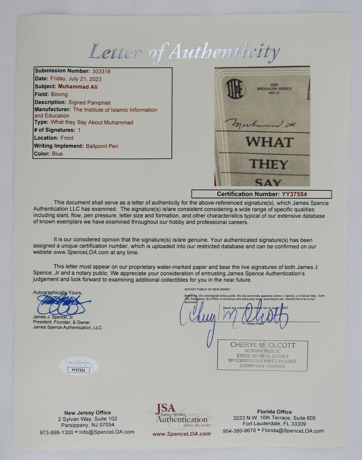 Muhammad Ali Signed 16x17 Custom Framed Photo Display with Islam Pamphlet (JSA LOA) at PristineAuction.com Muhammad Ali Signed 16x17 Custom Framed Photo Display with Islam Pamphlet (JSA LOA) at PristineAuction.com