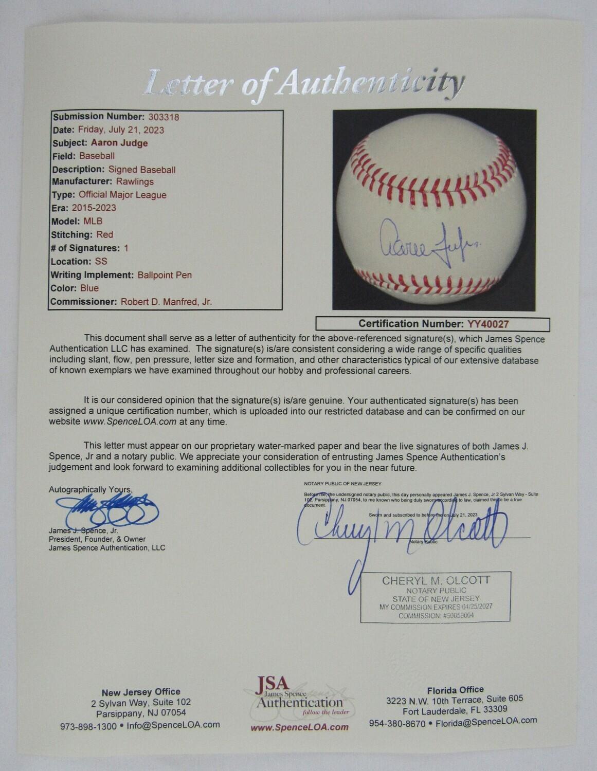 Aaron Judge Signed OML Baseball (JSA LOA) at PristineAuction.com Aaron Judge Signed OML Baseball (JSA LOA) at PristineAuction.com