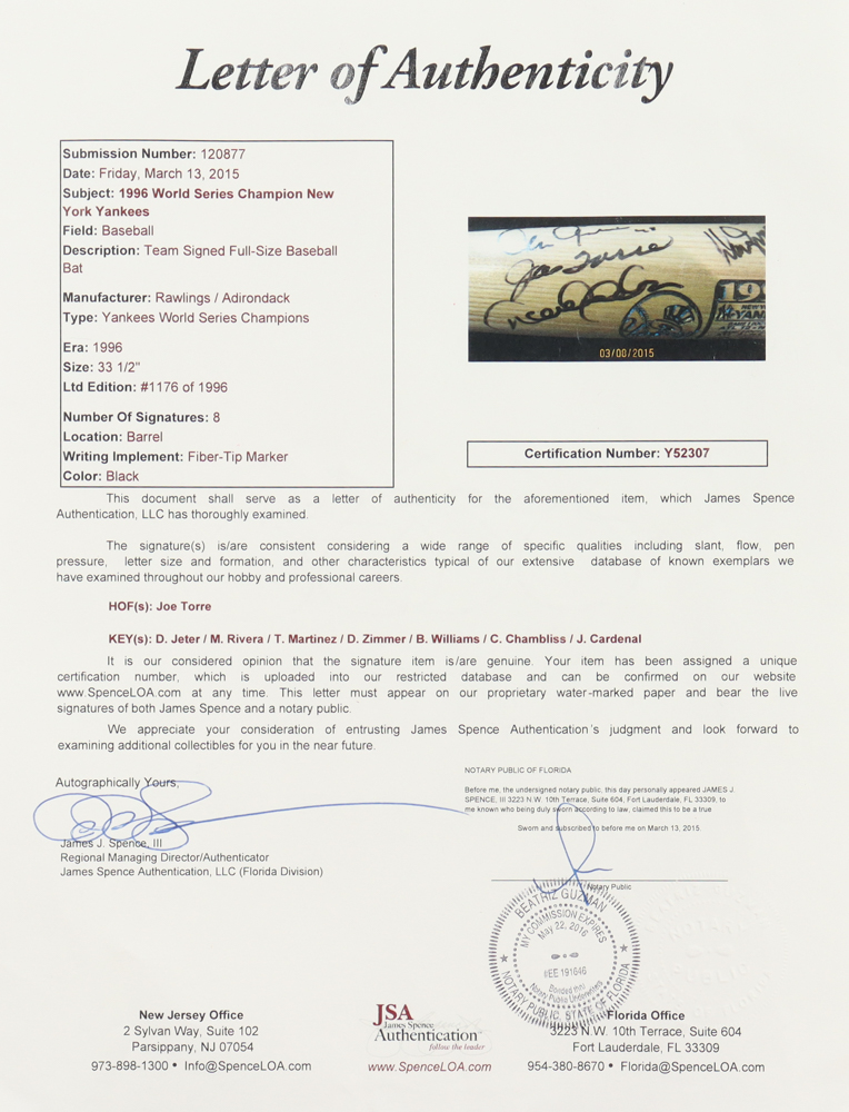 1996 Yankees World Series Champions LE Rawlings Adirondack Baseball Bat Team-Signed By (8) With Derek Jeter, Mariano Rivera, Tino Martinez, Don Zimmer (JSA) at PristineAuction.com 1996 Yankees World Series Champions LE Rawlings Adirondack Baseball Bat Team-Signed By (8) With Derek Jeter, Mariano Rivera, Tino Martinez, Don Zimmer (JSA) at PristineAuction.com