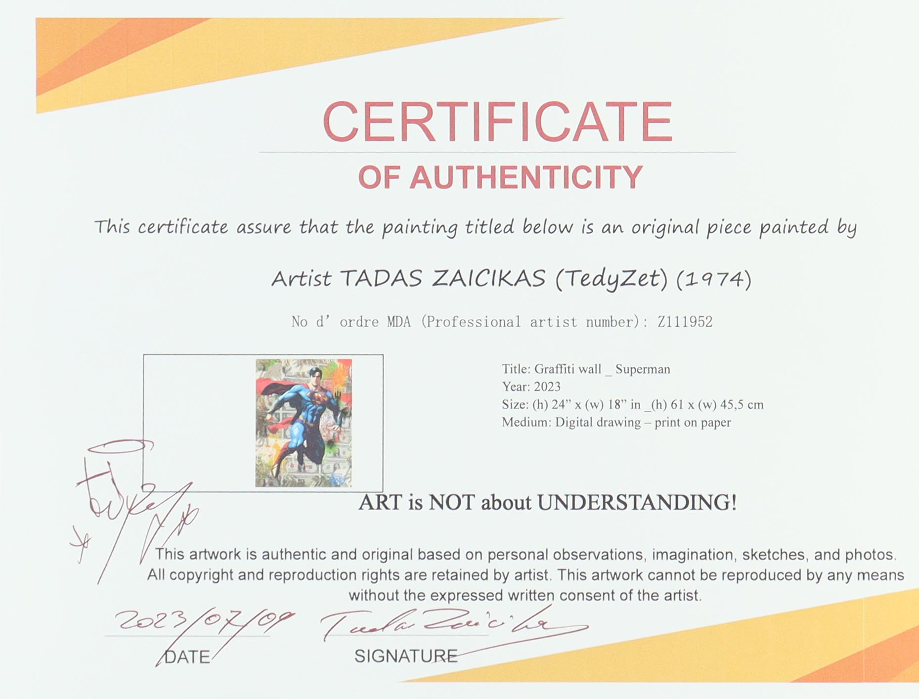 Tadas Zaicikas (TedyZet) 2023 "Graffiti Wall_Superman" 18x24 Original Art Print (Zaicikas) at PristineAuction.com Tadas Zaicikas (TedyZet) 2023 "Graffiti Wall_Superman" 18x24 Original Art Print (Zaicikas) at PristineAuction.com