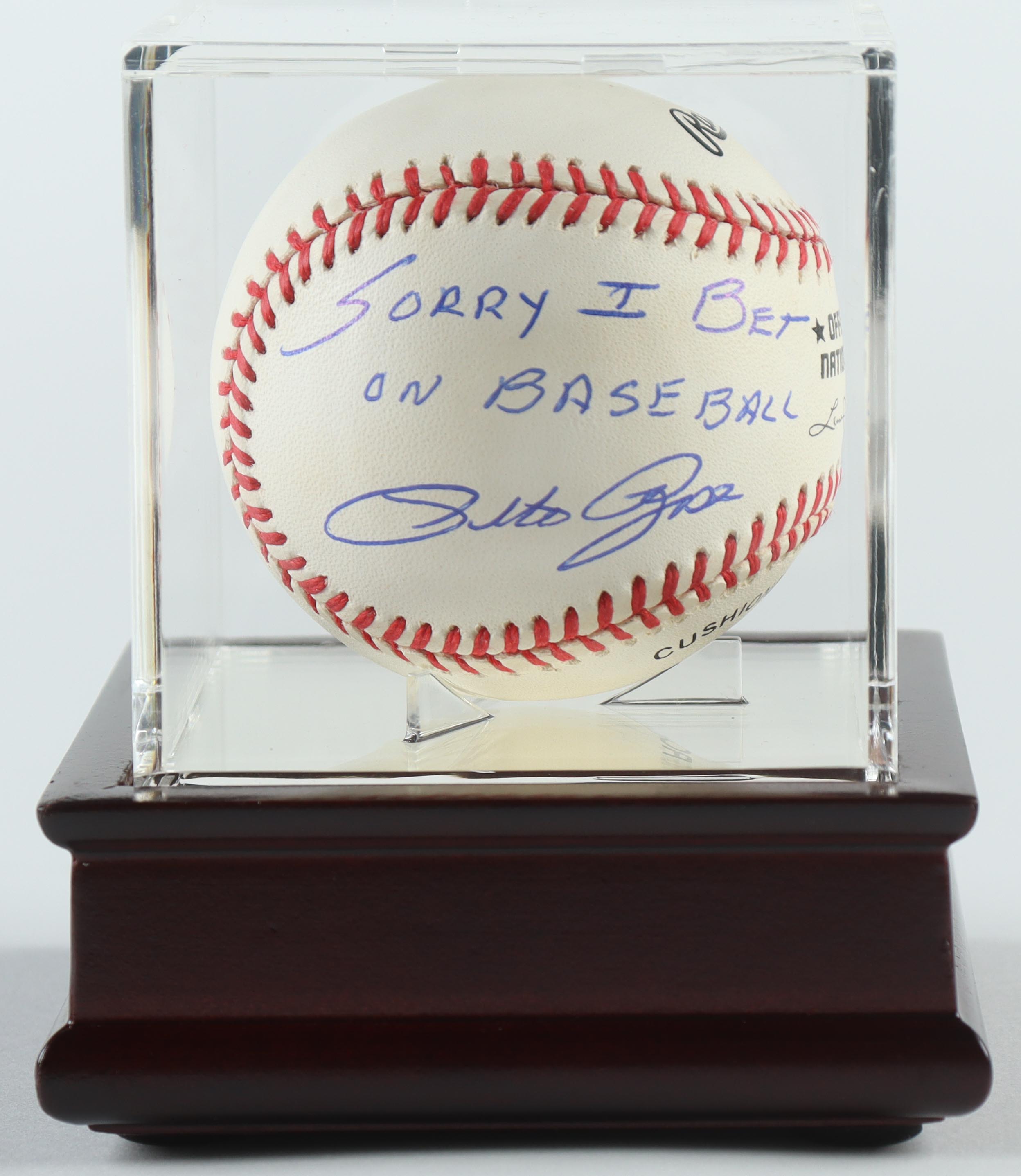 Pete Rose Signed ONL Baseball with Display Case Inscribed "Sorry I Bet On Baseball" (JSA) at PristineAuction.com Pete Rose Signed ONL Baseball with Display Case Inscribed "Sorry I Bet On Baseball" (JSA) at PristineAuction.com