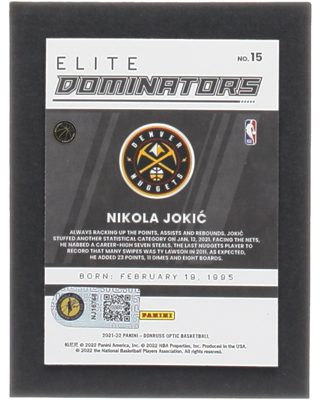 Nikola Jokic Signed 2021-22 Donruss Optic Elite Dominators #15 (Jokic) at PristineAuction.com Nikola Jokic Signed 2021-22 Donruss Optic Elite Dominators #15 (Jokic) at PristineAuction.com