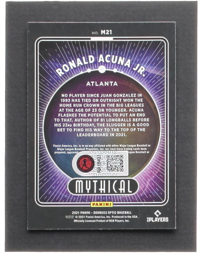 Ronald Acuna Jr. Signed 2021 Donruss Optic Mythical #21 (Acuna) at PristineAuction.com Ronald Acuna Jr. Signed 2021 Donruss Optic Mythical #21 (Acuna) at PristineAuction.com