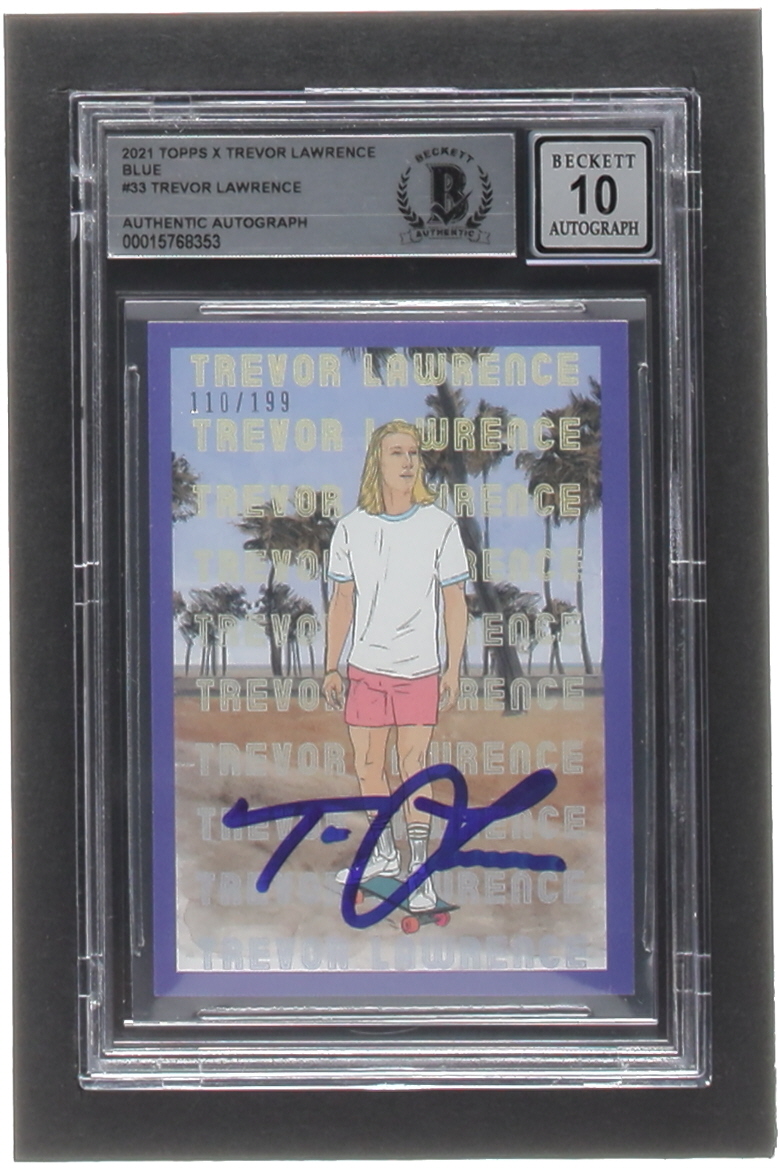 Trevor Lawrence Signed 2021 Topps X Trevor Lawrence Blue #33 Dogtown #110/199 RC (BGS | Auto 10) at PristineAuction.com Trevor Lawrence Signed 2021 Topps X Trevor Lawrence Blue #33 Dogtown #110/199 RC (BGS | Auto 10) at PristineAuction.com