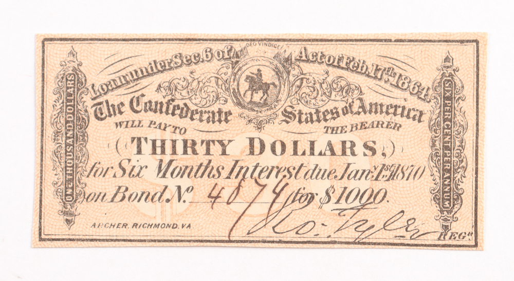 1864 $30 Thirty Dollars Confederate States of America Richmond CSA Bank Note Bond at PristineAuction.com 1864 $30 Thirty Dollars Confederate States of America Richmond CSA Bank Note Bond at PristineAuction.com