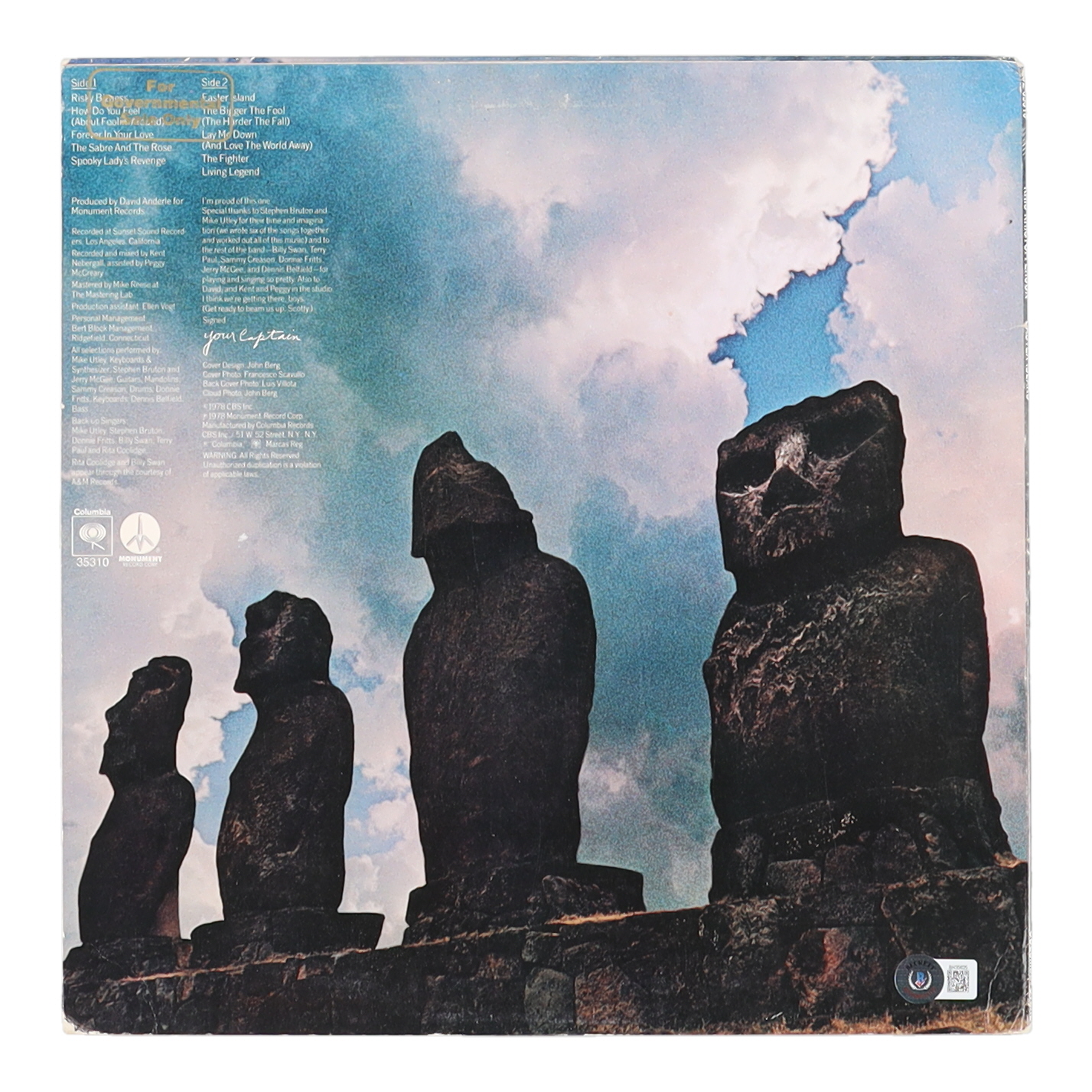 Kris Kristofferson Signed "Easter Island" Vinyl Record Album Cover (Beckett) at PristineAuction.com Kris Kristofferson Signed "Easter Island" Vinyl Record Album Cover (Beckett) at PristineAuction.com