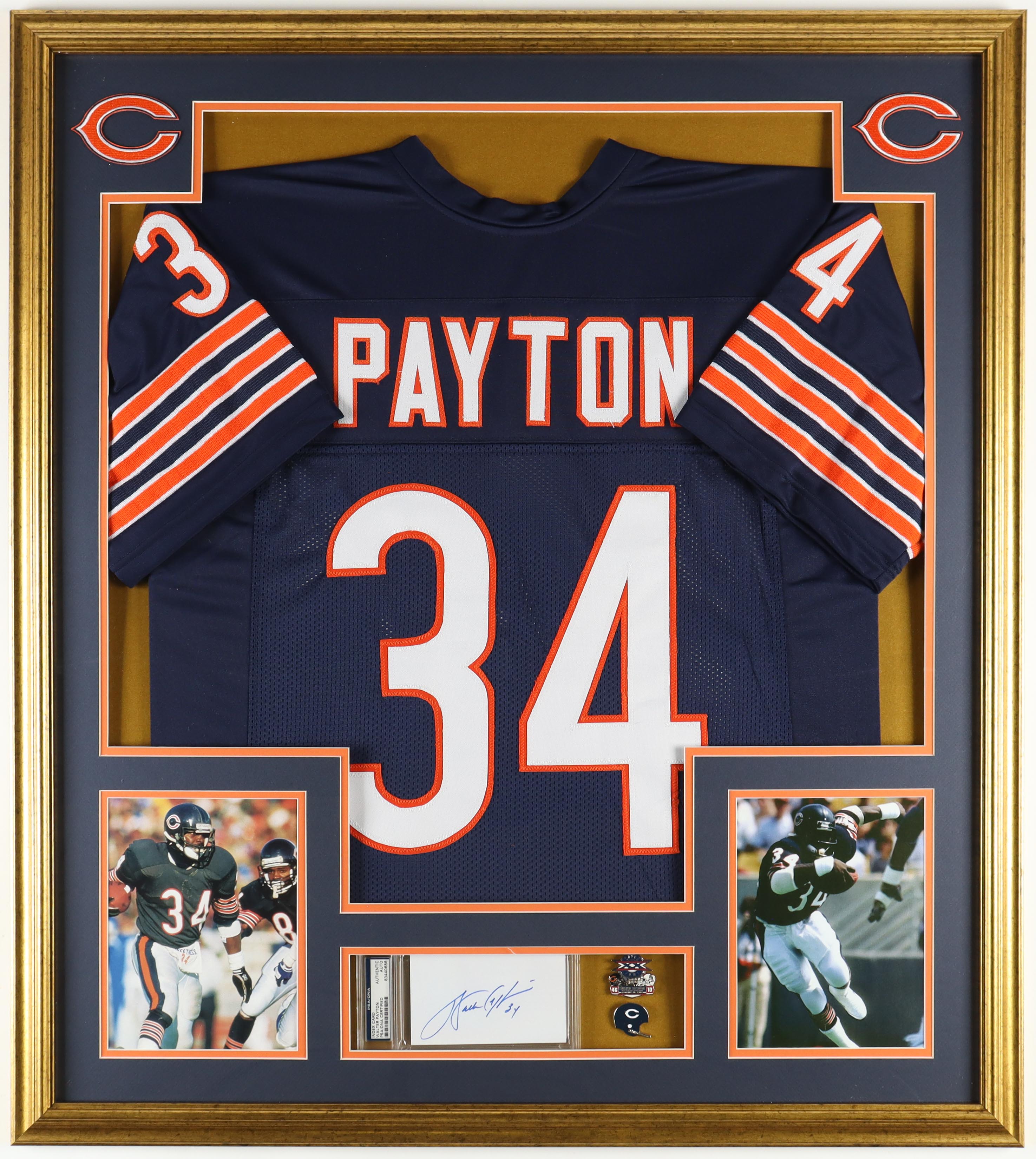Walter Payton Signed Bears Custom Framed Cut Display with Jersey, Super Bowl XX Pin & Bears Helmet Pin (PSA) at PristineAuction.com Walter Payton Signed Bears Custom Framed Cut Display with Jersey, Super Bowl XX Pin & Bears Helmet Pin (PSA) at PristineAuction.com