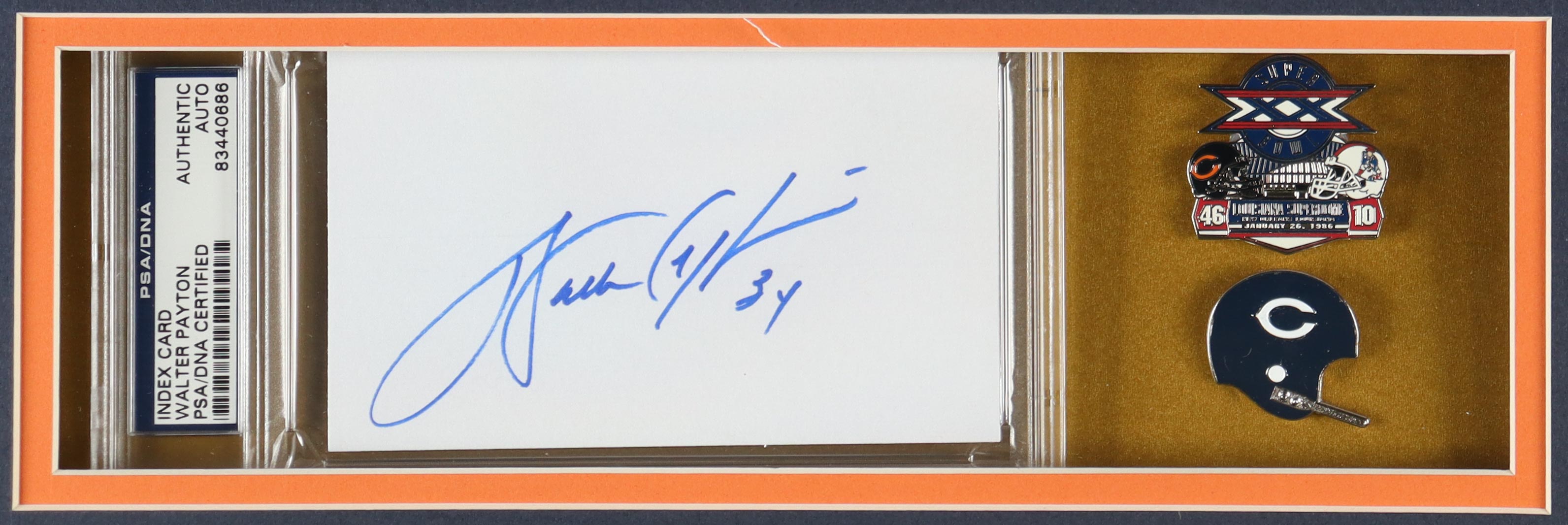 Walter Payton Signed Bears Custom Framed Cut Display with Jersey, Super Bowl XX Pin & Bears Helmet Pin (PSA) at PristineAuction.com Walter Payton Signed Bears Custom Framed Cut Display with Jersey, Super Bowl XX Pin & Bears Helmet Pin (PSA) at PristineAuction.com