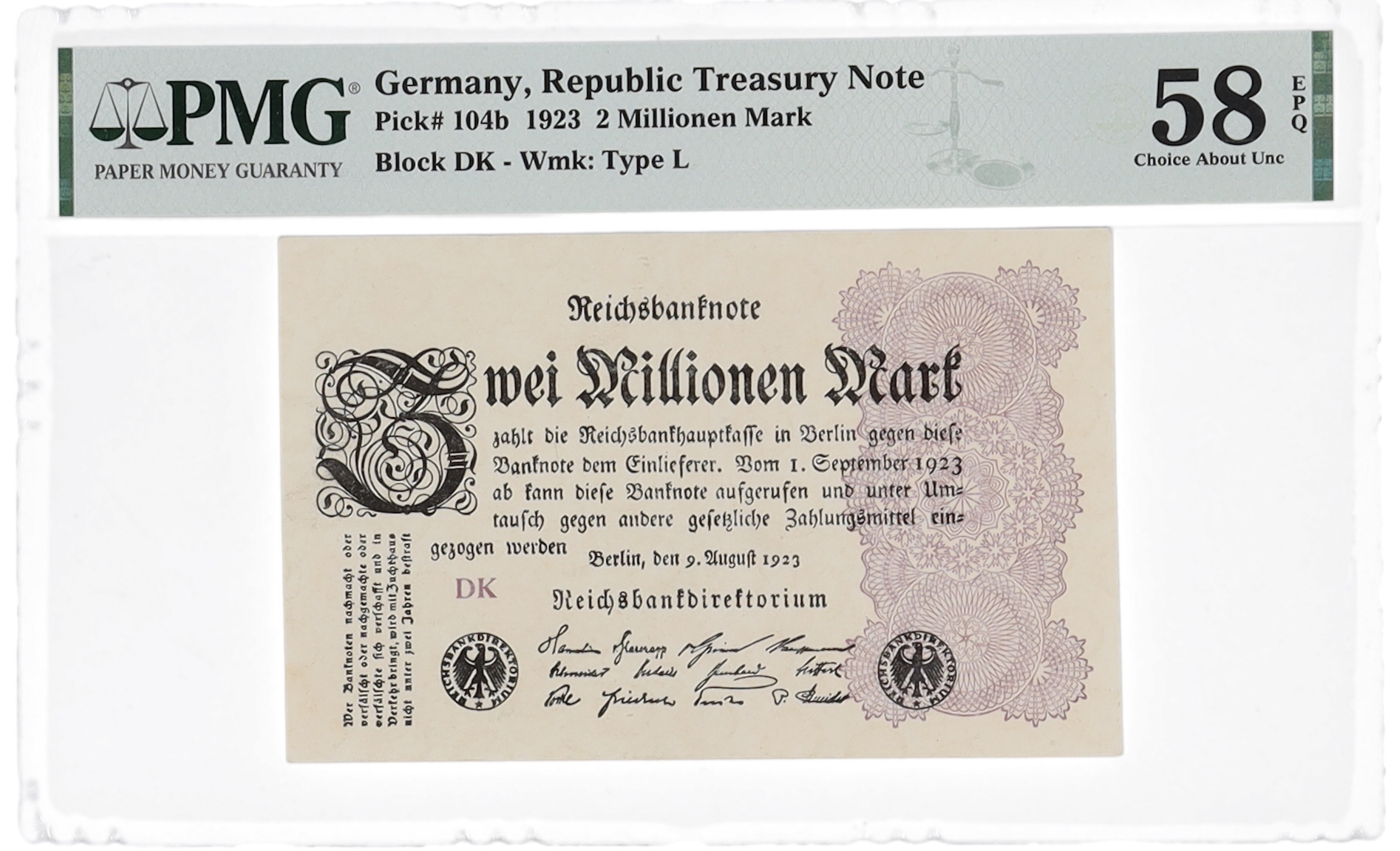 1923 Germany 2 Millionen Mark Republic Treasury Note (PMG Choice AU 58EPQ) at PristineAuction.com 1923 Germany 2 Millionen Mark Republic Treasury Note (PMG Choice AU 58EPQ) at PristineAuction.com