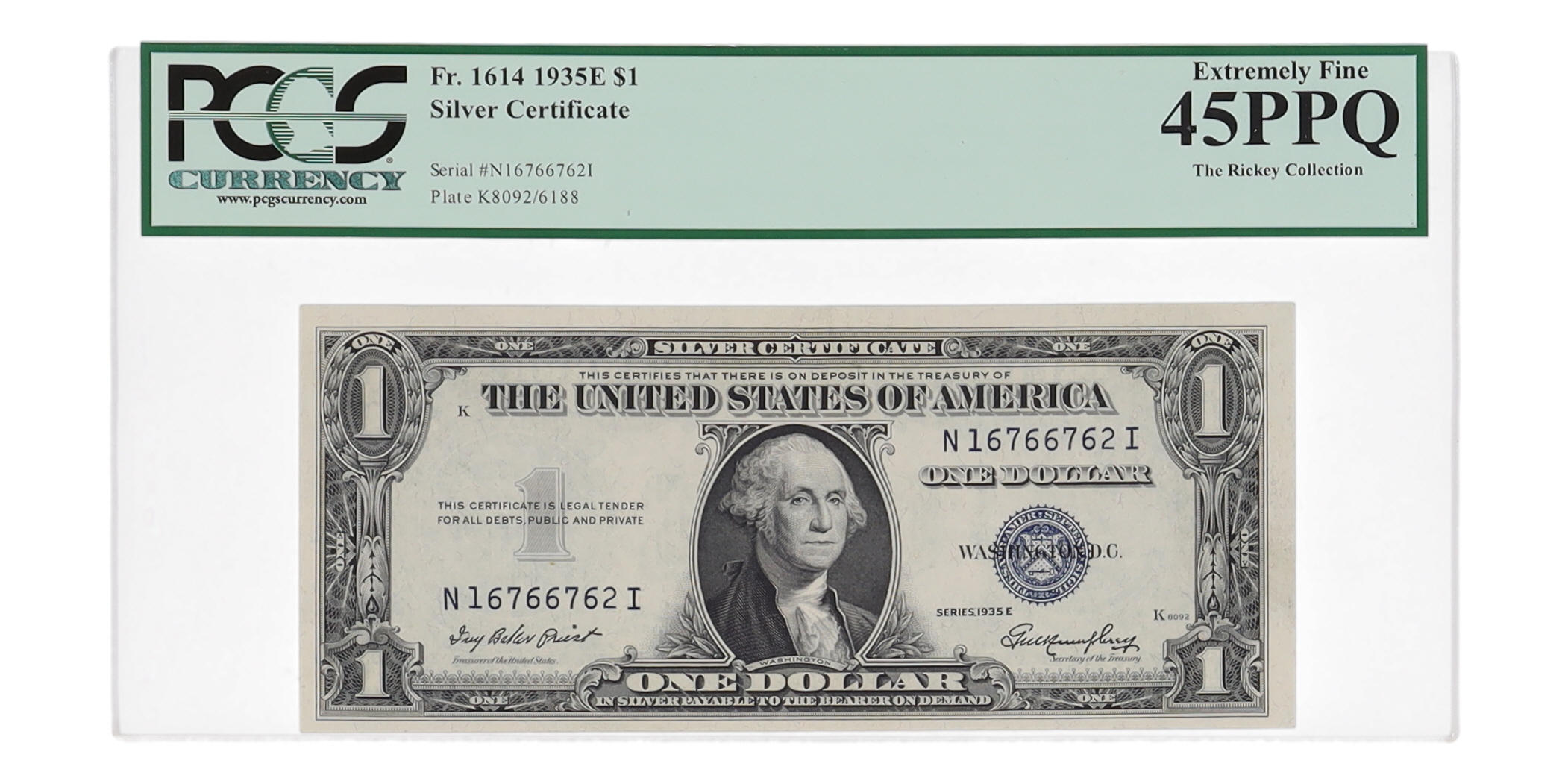 1935-E U.S. $1 Silver Certificate - The Rickey Collection (PCGS EF45 PPQ) at PristineAuction.com 1935-E U.S. $1 Silver Certificate - The Rickey Collection (PCGS EF45 PPQ) at PristineAuction.com