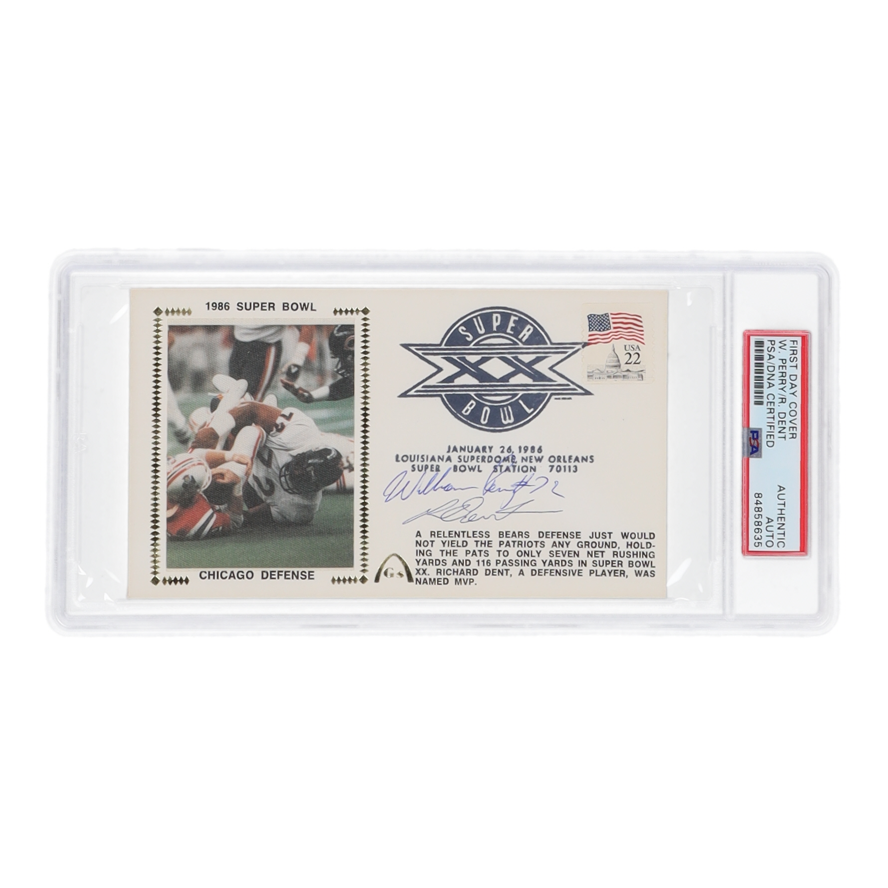 Richard Dent & William Perry Signed 1986 Super Bowl FDC Envelope (PSA) at PristineAuction.com Richard Dent & William Perry Signed 1986 Super Bowl FDC Envelope (PSA) at PristineAuction.com