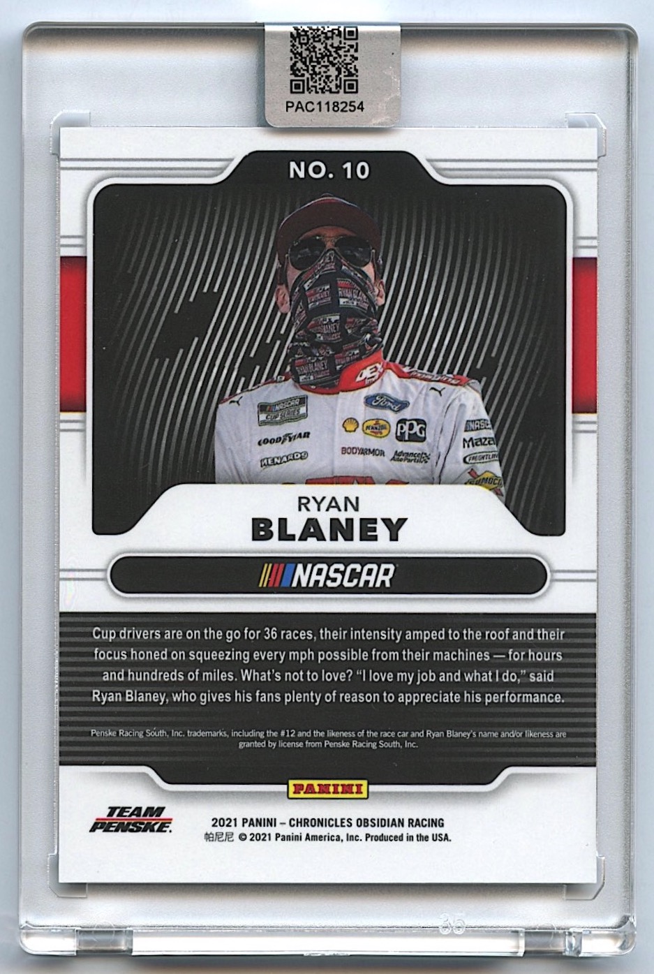 Ryan Blaney Signed 2021 Panini Chronicles Obsidian #10 (PA Encapsulated) at PristineAuction.com Ryan Blaney Signed 2021 Panini Chronicles Obsidian #10 (PA Encapsulated) at PristineAuction.com