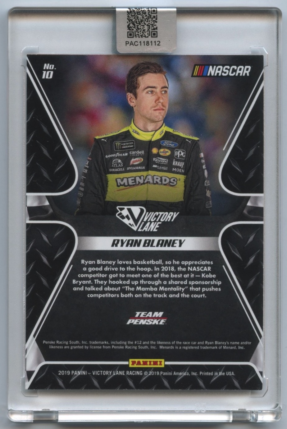 Ryan Blaney Signed 2019 Panini Victory Lane Pedal to the Metal #10 (PA Encapsulated) at PristineAuction.com Ryan Blaney Signed 2019 Panini Victory Lane Pedal to the Metal #10 (PA Encapsulated) at PristineAuction.com