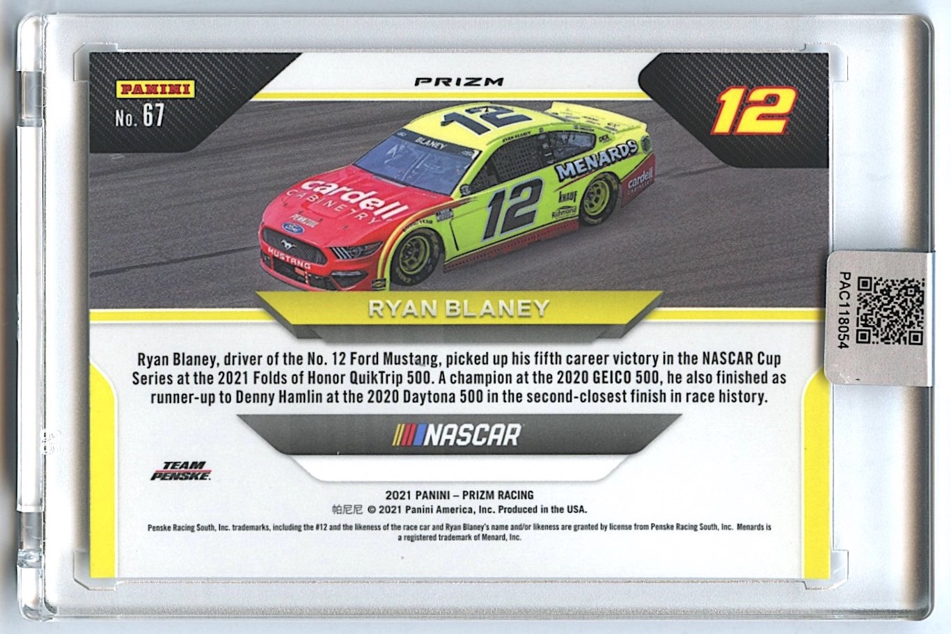 Ryan Blaney Signed 2021 Panini Prizm #67 Wheels Prizms Silver (PA Encapsulated) at PristineAuction.com Ryan Blaney Signed 2021 Panini Prizm #67 Wheels Prizms Silver (PA Encapsulated) at PristineAuction.com