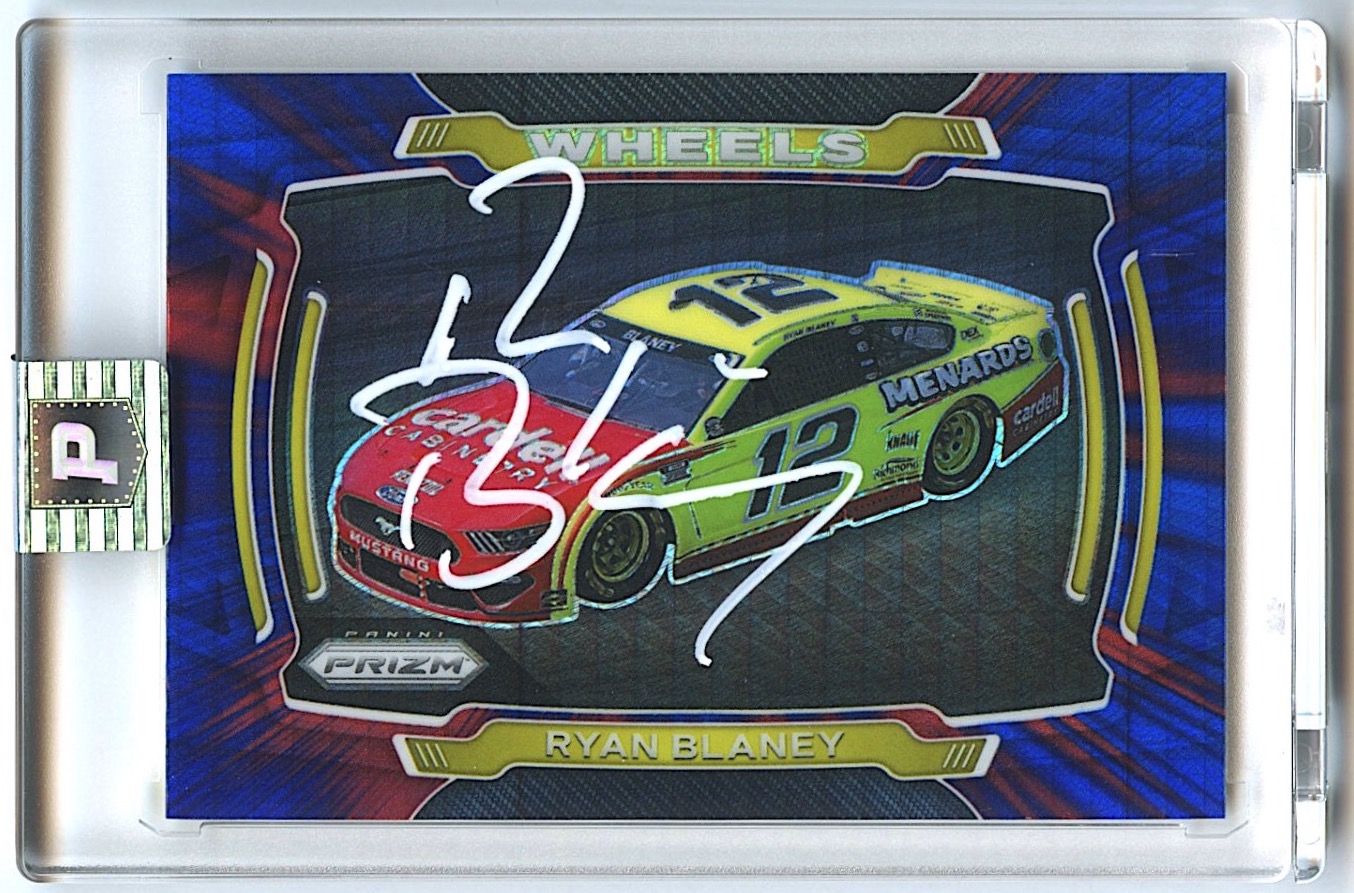 Ryan Blaney Signed 2021 Panini Prizm #67 Wheels Prizms Hyper Red & Blue (PA Encapsulated) at PristineAuction.com Ryan Blaney Signed 2021 Panini Prizm #67 Wheels Prizms Hyper Red & Blue (PA Encapsulated) at PristineAuction.com