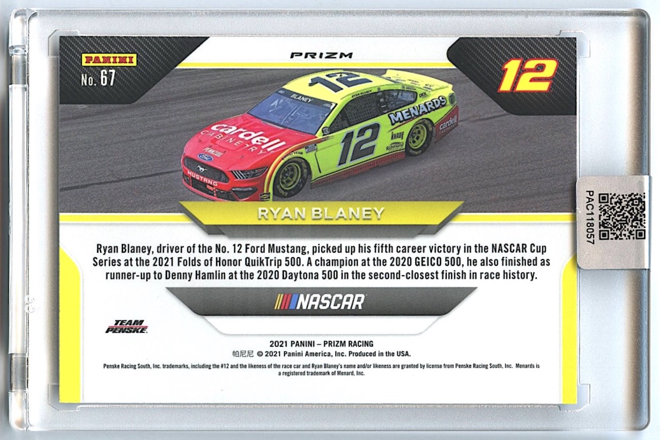 Ryan Blaney Signed 2021 Panini Prizm #67 Wheels Prizms Hyper Red & Blue (PA Encapsulated) at PristineAuction.com Ryan Blaney Signed 2021 Panini Prizm #67 Wheels Prizms Hyper Red & Blue (PA Encapsulated) at PristineAuction.com