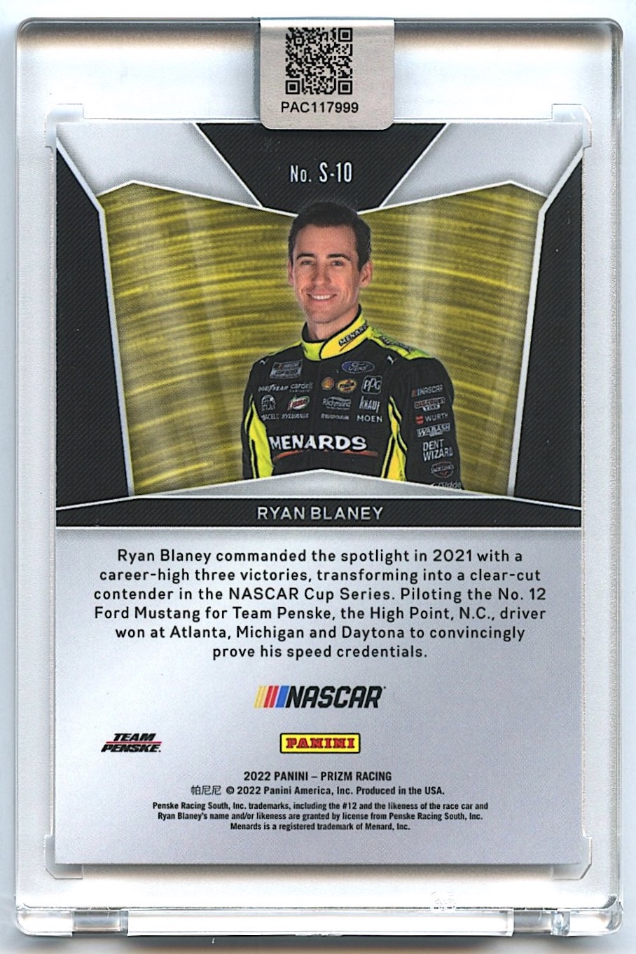 Ryan Blaney Signed 2022 Panini Prizm Spotlight #10 (PA Encapsulated) at PristineAuction.com Ryan Blaney Signed 2022 Panini Prizm Spotlight #10 (PA Encapsulated) at PristineAuction.com