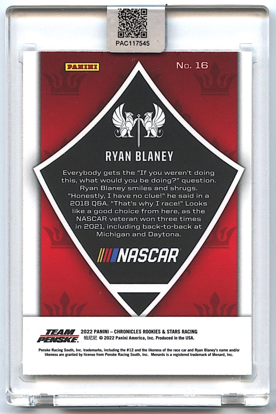 Ryan Blaney Signed 2022 Panini Chronicles Crusade #16 (PA Encapsulated) at PristineAuction.com Ryan Blaney Signed 2022 Panini Chronicles Crusade #16 (PA Encapsulated) at PristineAuction.com