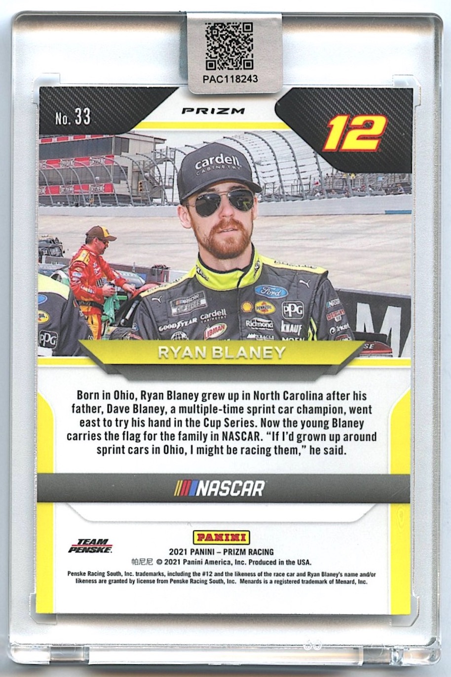 Ryan Blaney Signed 2021 Panini Prizm #33 Prizms Hyper Red & Blue (PA Encapsulated) at PristineAuction.com Ryan Blaney Signed 2021 Panini Prizm #33 Prizms Hyper Red & Blue (PA Encapsulated) at PristineAuction.com