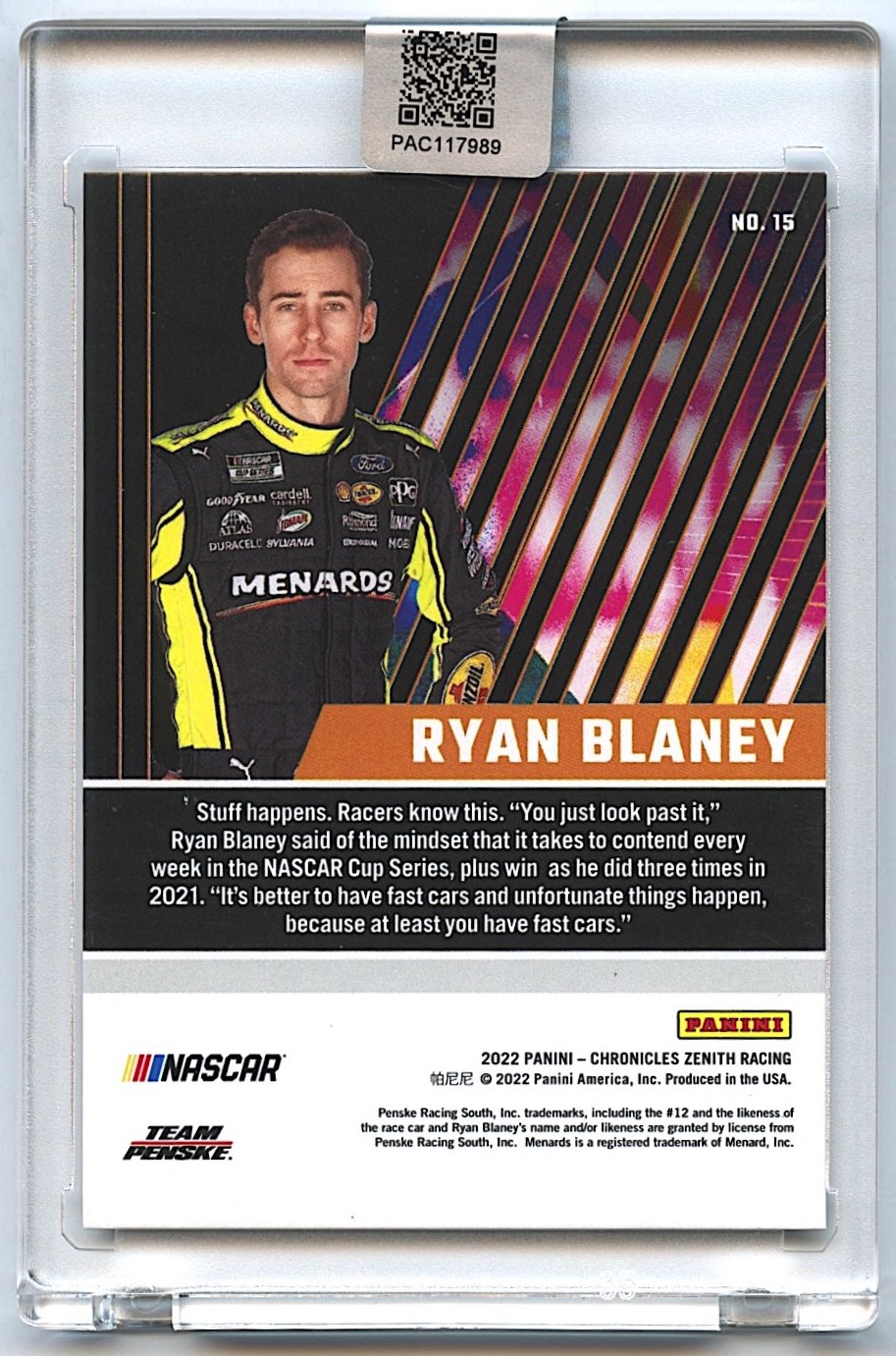 Ryan Blaney Signed 2022 Panini Chronicles Zenith #15 (PA Encapsulated) at PristineAuction.com Ryan Blaney Signed 2022 Panini Chronicles Zenith #15 (PA Encapsulated) at PristineAuction.com