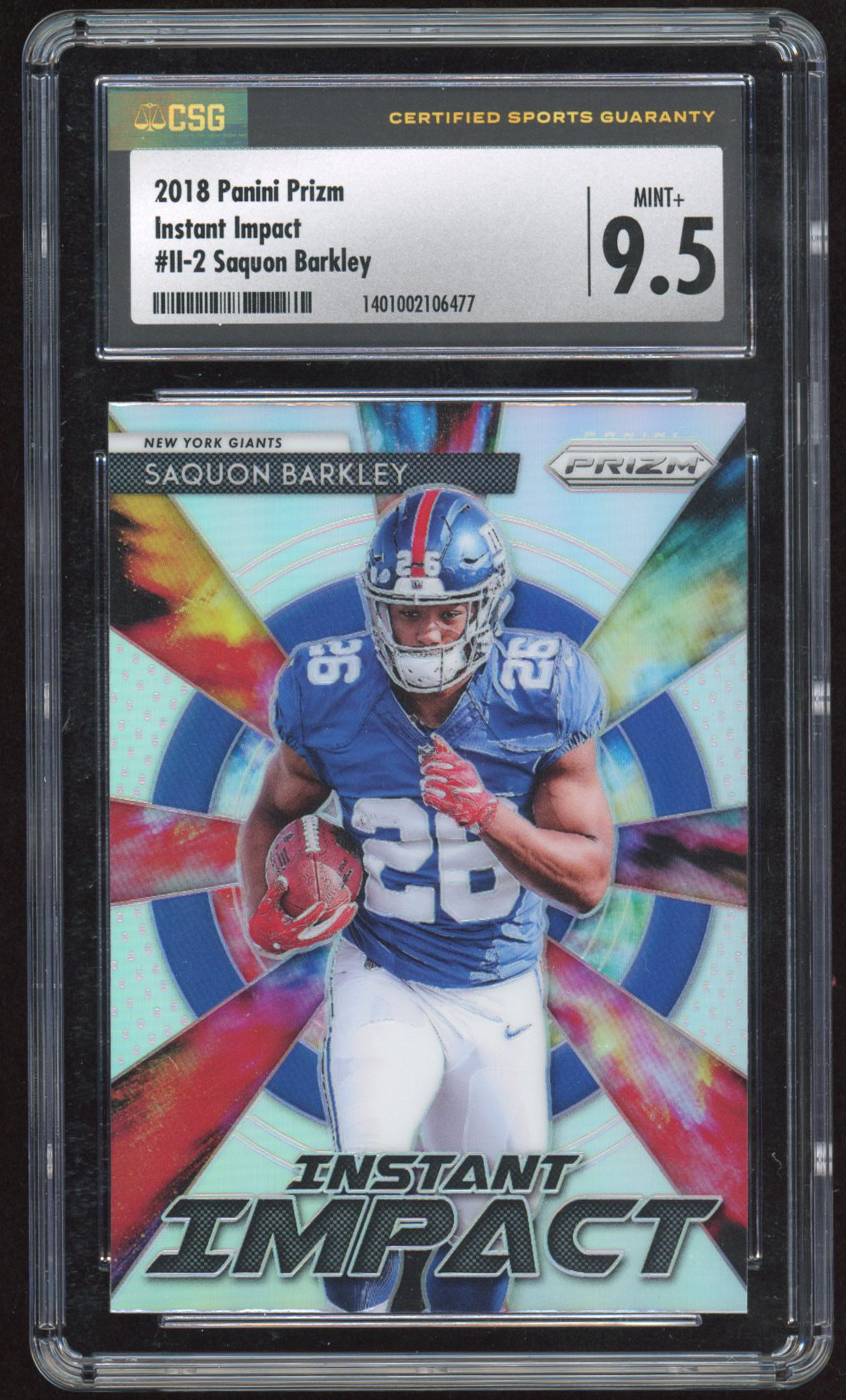 Saquon Barkley 2018 Panini Prizm Instant Impact Prizms #II2 RC (CSG 9.5) at PristineAuction.com Saquon Barkley 2018 Panini Prizm Instant Impact Prizms #II2 RC (CSG 9.5) at PristineAuction.com