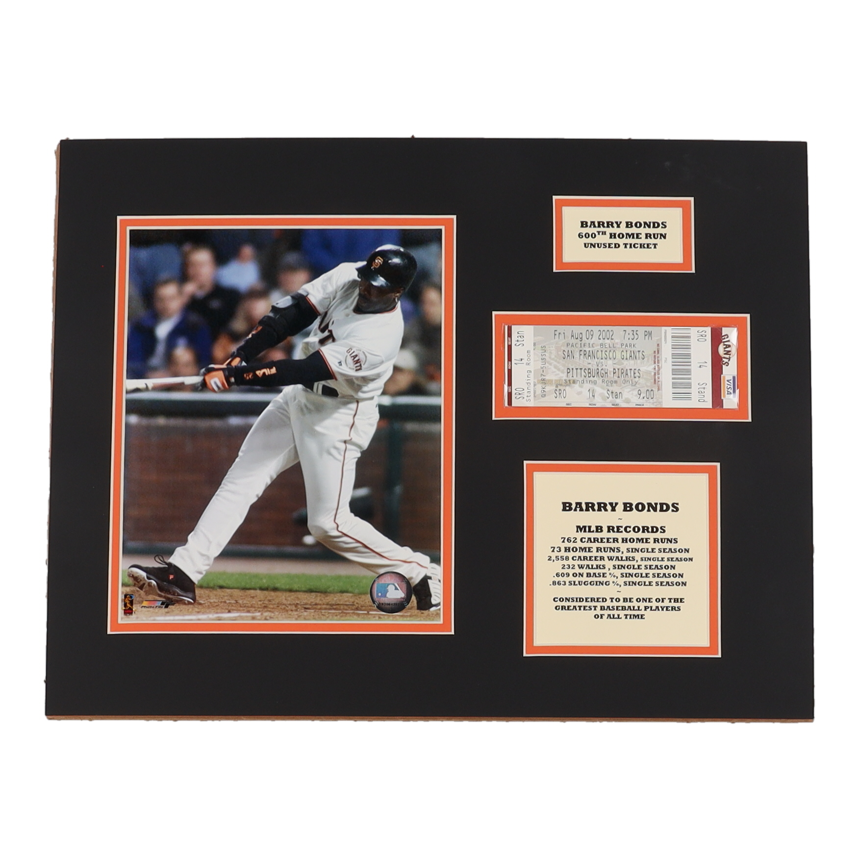 Barry Bonds 14x18 Custom Matted Photo Display with San Francisco Giants 2002 Unused Ticket (Stacks of Plaques) at PristineAuction.com Barry Bonds 14x18 Custom Matted Photo Display with San Francisco Giants 2002 Unused Ticket (Stacks of Plaques) at PristineAuction.com