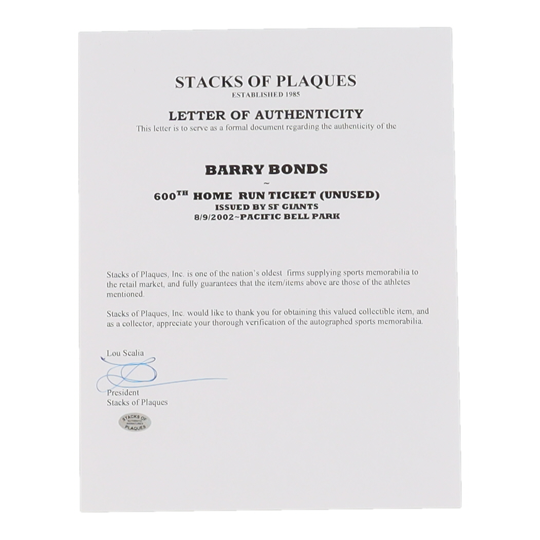 Barry Bonds 14x18 Custom Matted Photo Display with San Francisco Giants 2002 Unused Ticket (Stacks of Plaques) at PristineAuction.com Barry Bonds 14x18 Custom Matted Photo Display with San Francisco Giants 2002 Unused Ticket (Stacks of Plaques) at PristineAuction.com