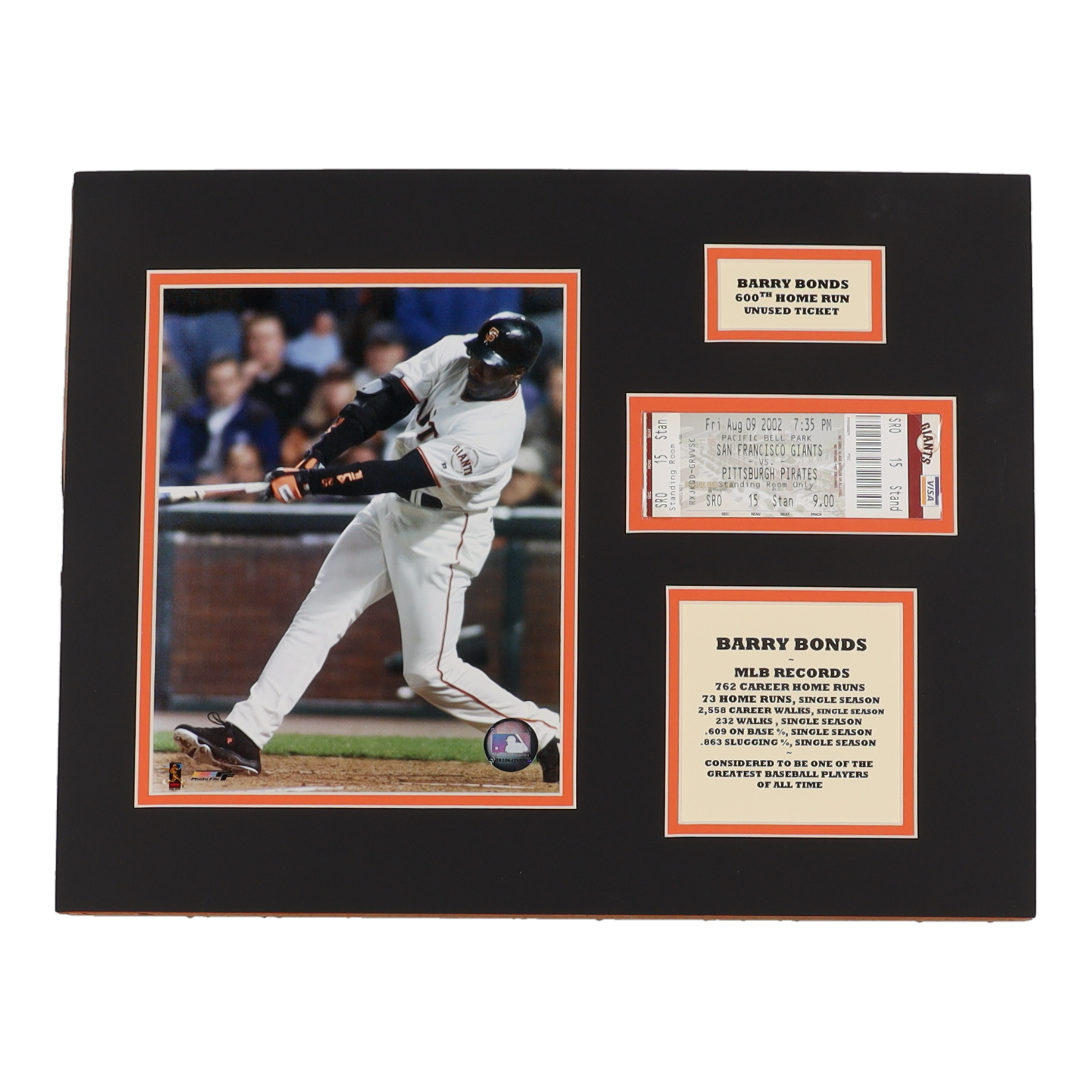Barry Bonds 14x18 Custom Matted Photo Display with San Francisco Giants 2002 Unused Ticket (Stacks of Plaques) at PristineAuction.com Barry Bonds 14x18 Custom Matted Photo Display with San Francisco Giants 2002 Unused Ticket (Stacks of Plaques) at PristineAuction.com