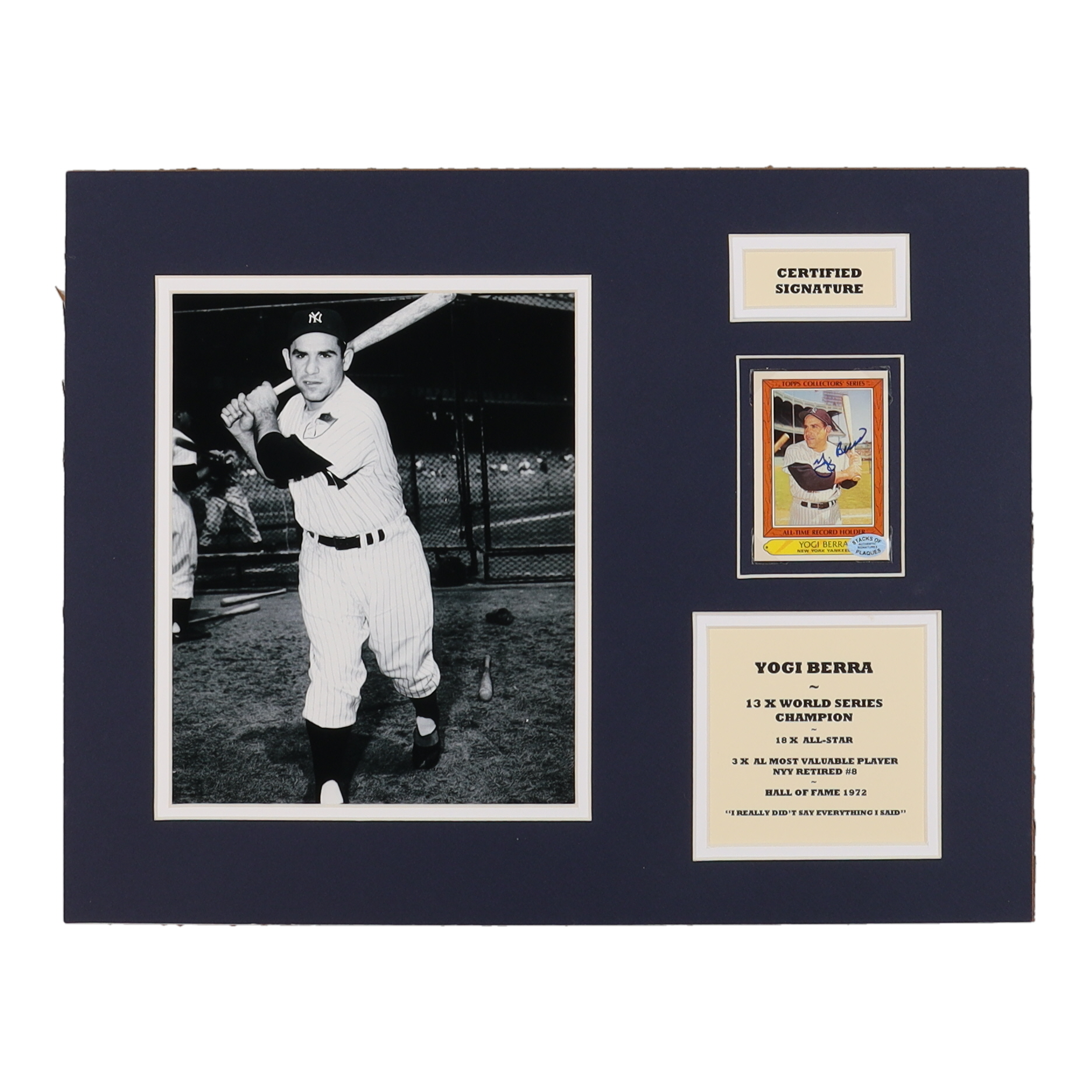 Yogi Berra Signed Yankees Custom Matted Baseball Card Display with 1985 Woolworth's Topps #4 (Stacks of Plaques) at PristineAuction.com Yogi Berra Signed Yankees Custom Matted Baseball Card Display with 1985 Woolworth's Topps #4 (Stacks of Plaques) at PristineAuction.com