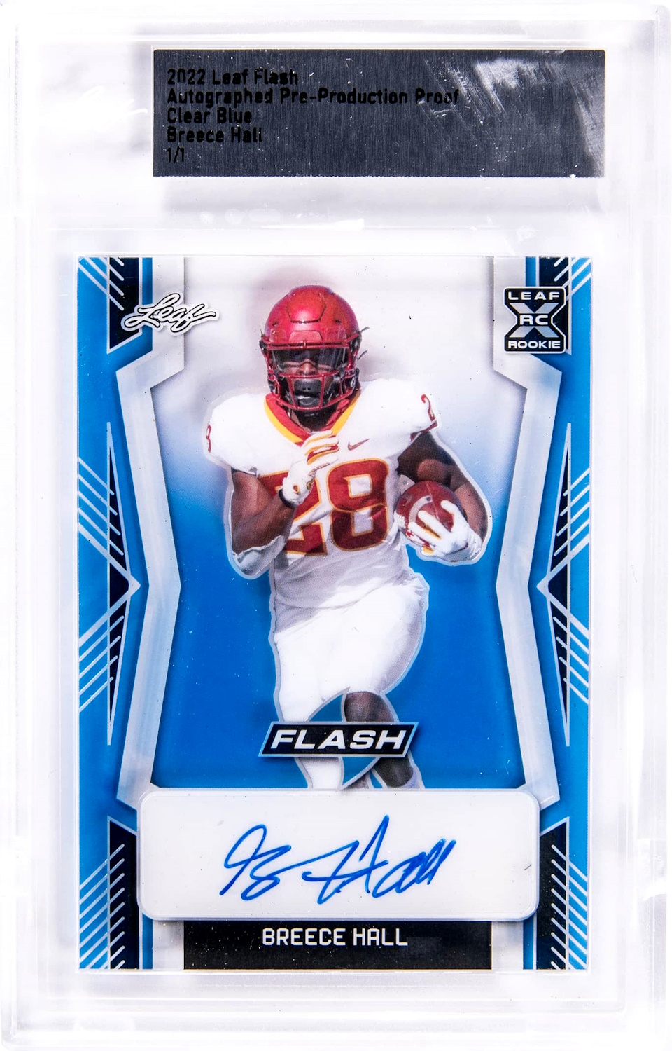 Breece Hall 2022 Leaf Flash Autographed Pre-Production Proof Clear Blue RC #1/1 (Leaf) at PristineAuction.com Breece Hall 2022 Leaf Flash Autographed Pre-Production Proof Clear Blue RC #1/1 (Leaf) at PristineAuction.com