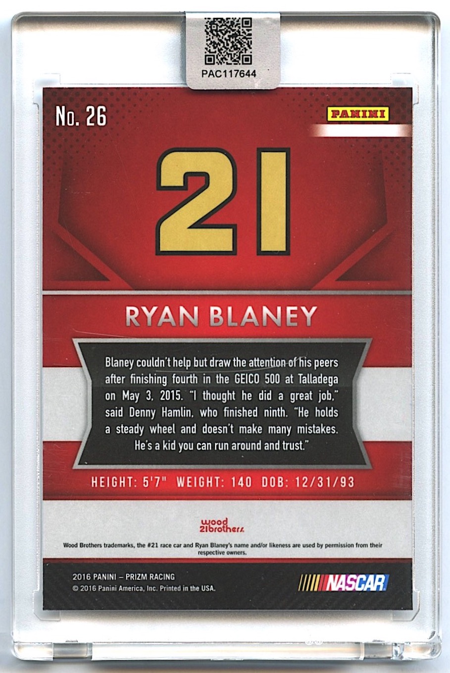 Ryan Blaney Signed 2016 Panini Prizm #26 RC (PA Encapsulated) at PristineAuction.com Ryan Blaney Signed 2016 Panini Prizm #26 RC (PA Encapsulated) at PristineAuction.com