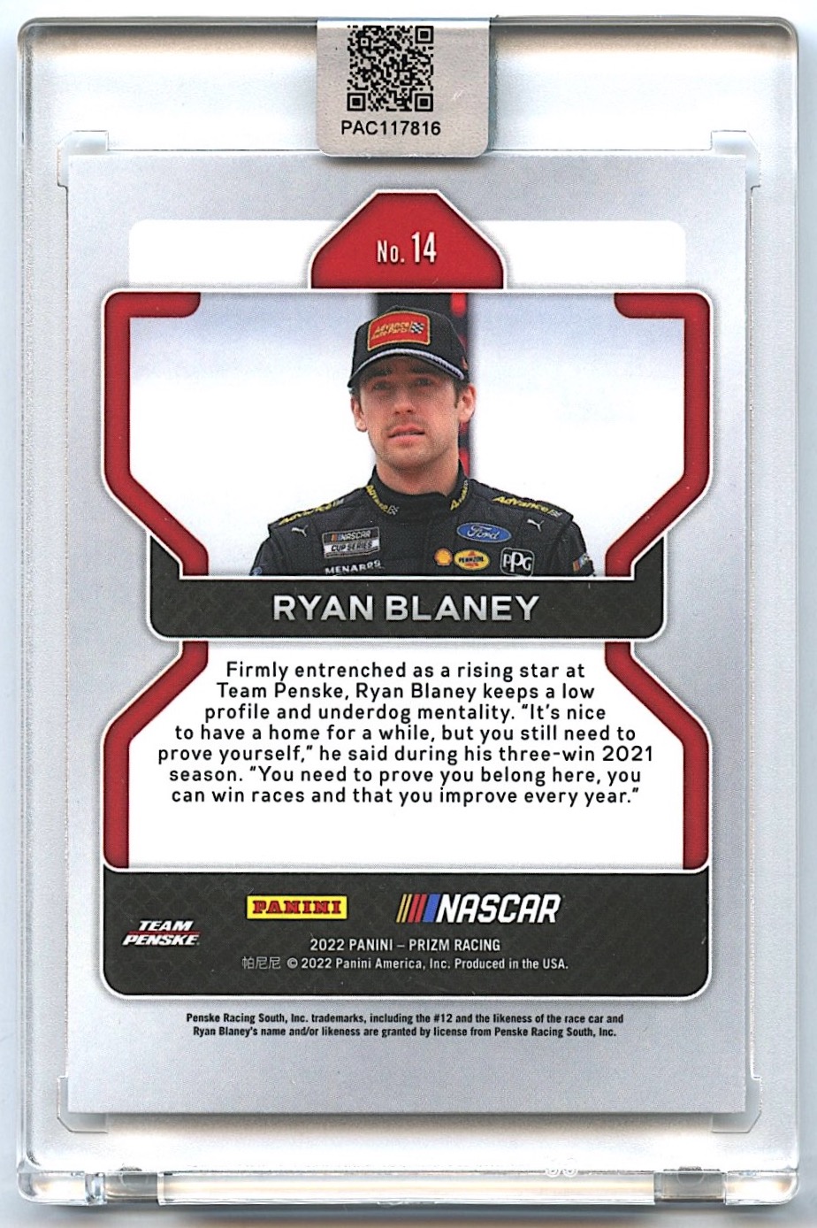 Ryan Blaney Signed 2022 Panini Prizm #14 (PA Encapsulated) at PristineAuction.com Ryan Blaney Signed 2022 Panini Prizm #14 (PA Encapsulated) at PristineAuction.com