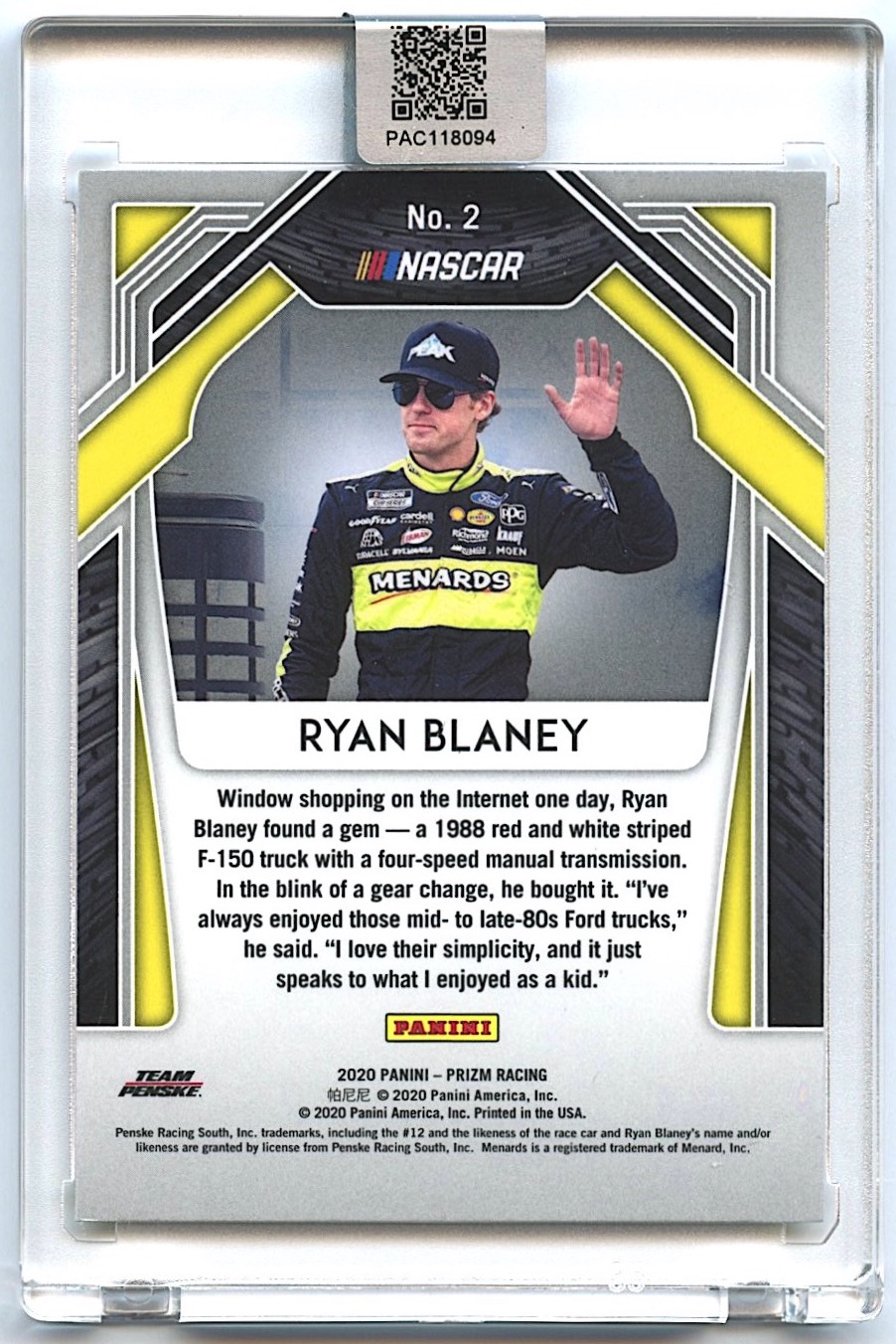 Ryan Blaney Signed 2020 Panini Prizm #2 (PA Encapsulated) at PristineAuction.com Ryan Blaney Signed 2020 Panini Prizm #2 (PA Encapsulated) at PristineAuction.com