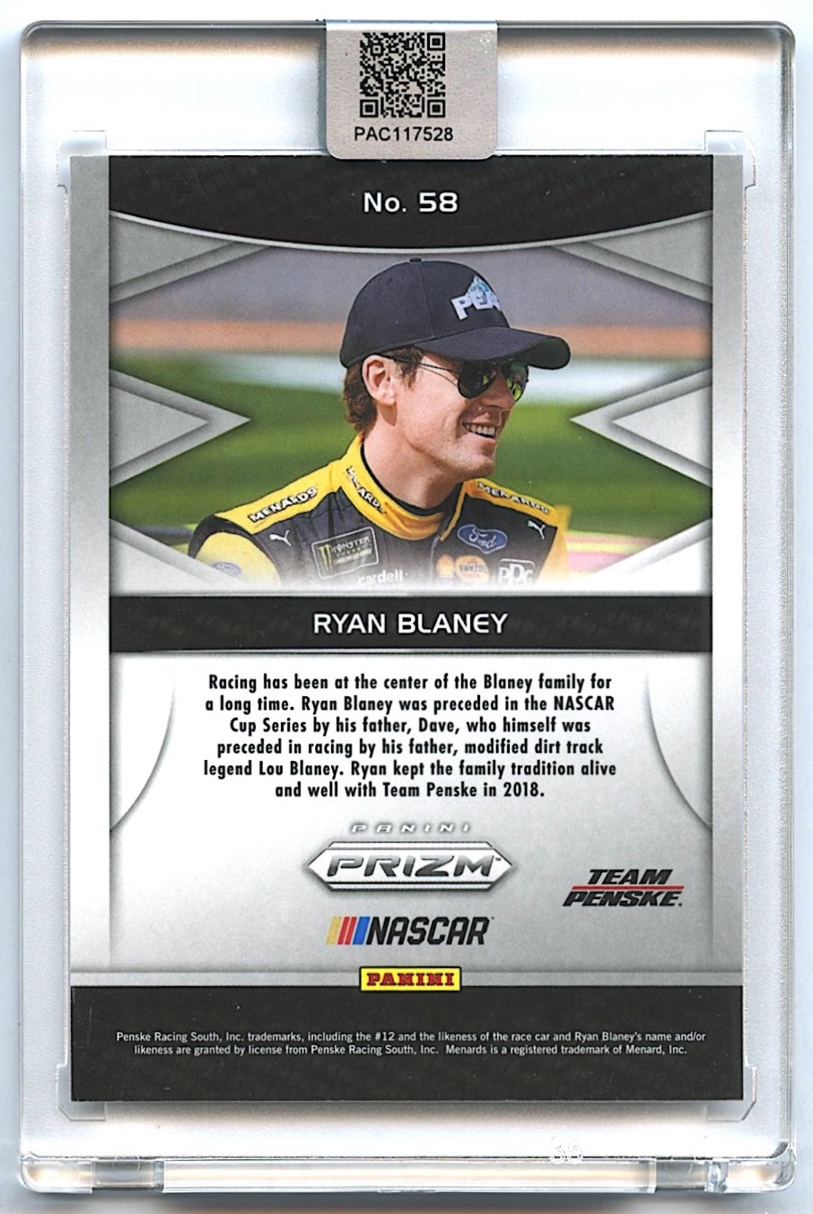 Ryan Blaney Signed 2018 Panini Prizm #58 Vortex (PA Encapsulated) at PristineAuction.com Ryan Blaney Signed 2018 Panini Prizm #58 Vortex (PA Encapsulated) at PristineAuction.com