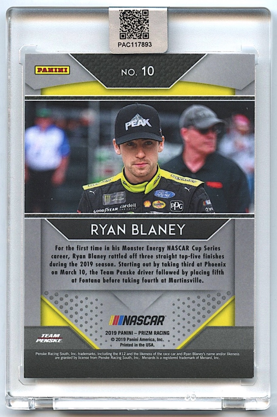 Ryan Blaney Signed 2019 Panini Prizm #10 (PA Encapsulated) at PristineAuction.com Ryan Blaney Signed 2019 Panini Prizm #10 (PA Encapsulated) at PristineAuction.com