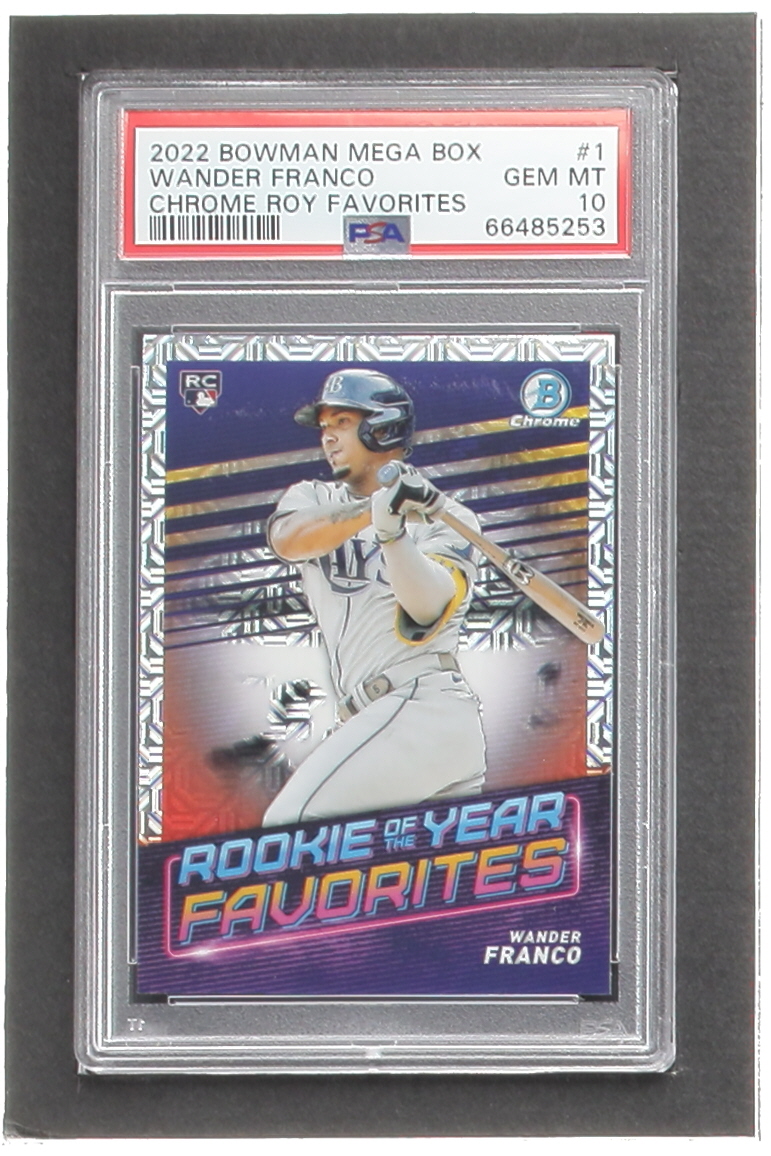 Wander Franco 2022 Bowman Chrome Mega Box Rookie of the Year Favorites #ROYF1 RC (PSA 10) at PristineAuction.com Wander Franco 2022 Bowman Chrome Mega Box Rookie of the Year Favorites #ROYF1 RC (PSA 10) at PristineAuction.com