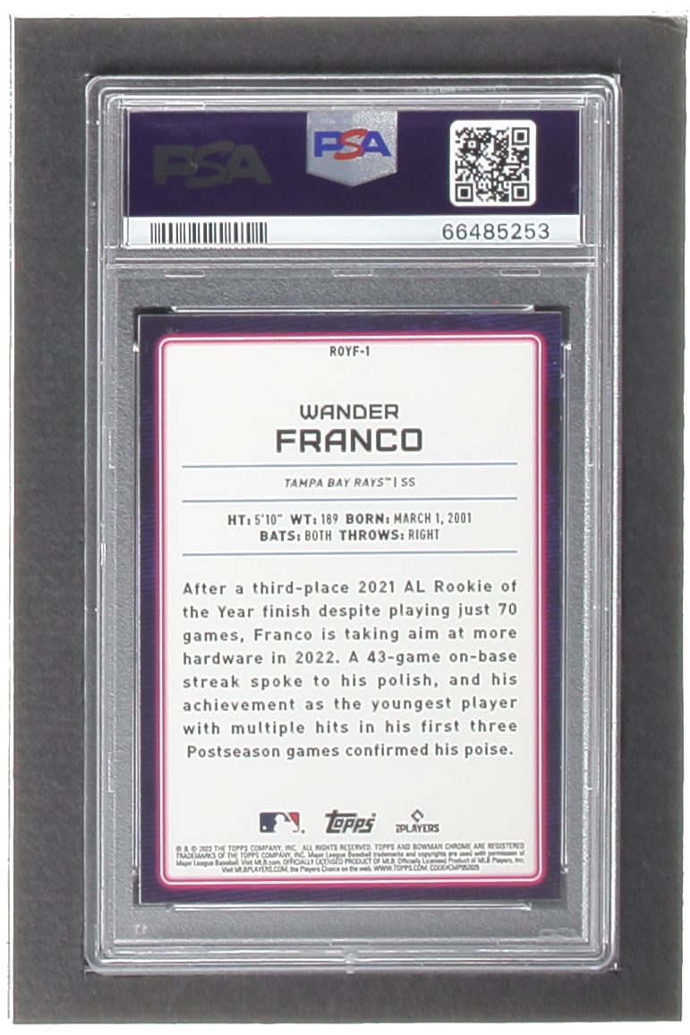 Wander Franco 2022 Bowman Chrome Mega Box Rookie of the Year Favorites #ROYF1 RC (PSA 10) at PristineAuction.com Wander Franco 2022 Bowman Chrome Mega Box Rookie of the Year Favorites #ROYF1 RC (PSA 10) at PristineAuction.com