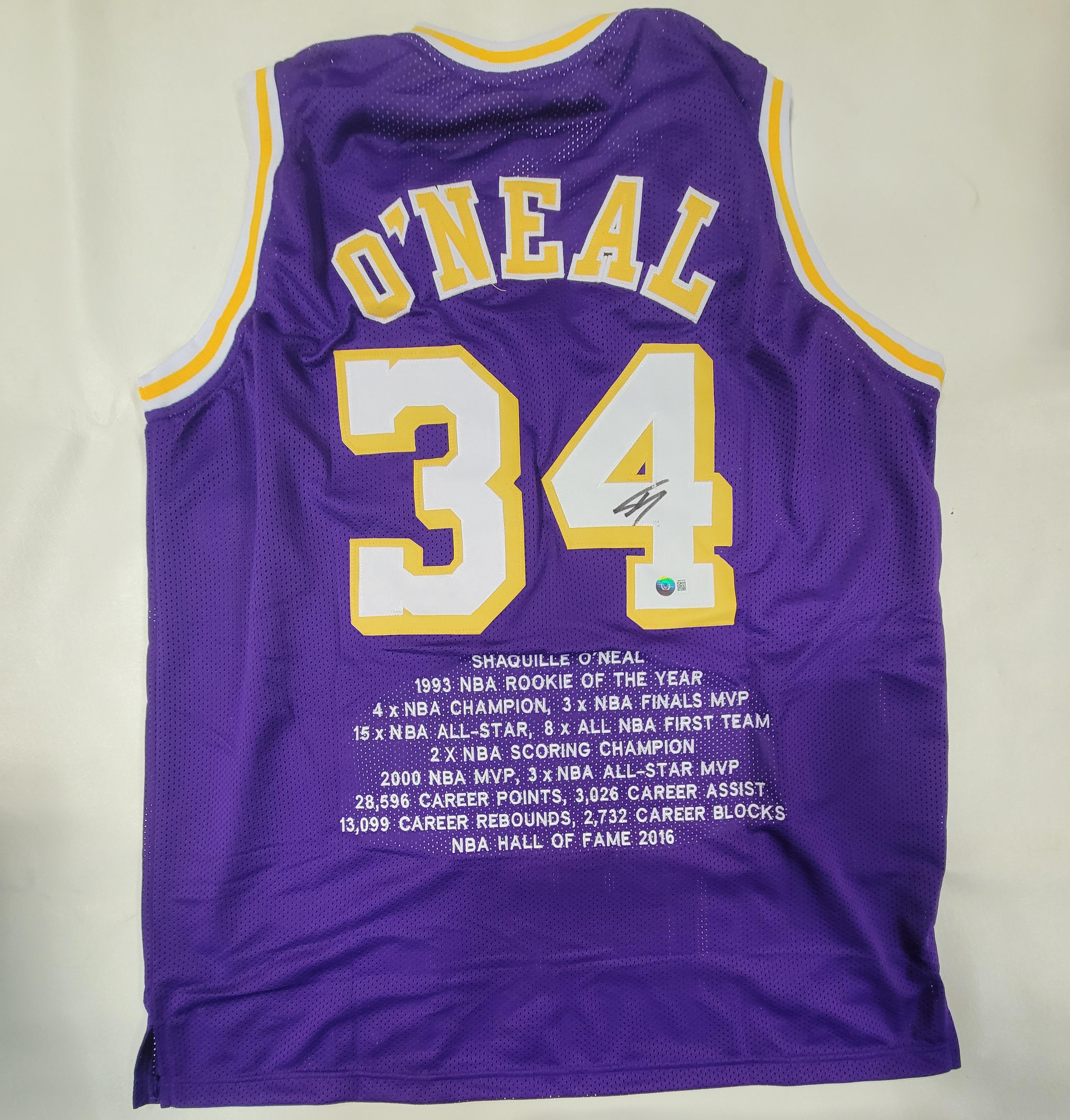 Shaquille O'Neal Signed Career Highlight Stat Jersey (Beckett) at PristineAuction.com Shaquille O'Neal Signed Career Highlight Stat Jersey (Beckett) at PristineAuction.com