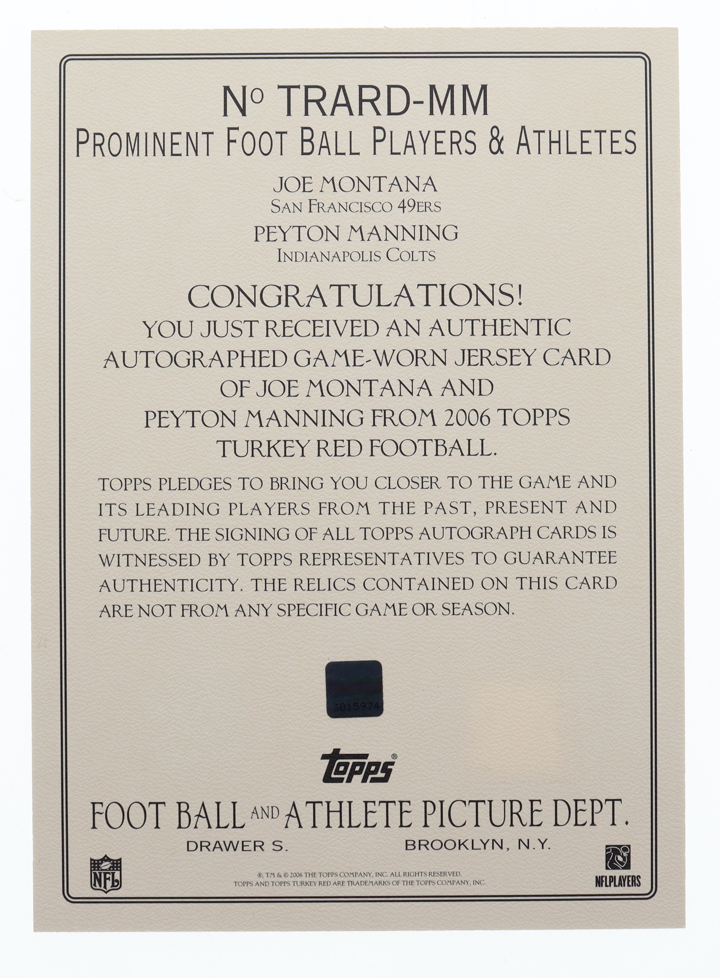 Joe Montana & Peyton Manning 2006 Topps Turkey Red Cabinet Autographed Relics Duals #MM at PristineAuction.com Joe Montana & Peyton Manning 2006 Topps Turkey Red Cabinet Autographed Relics Duals #MM at PristineAuction.com
