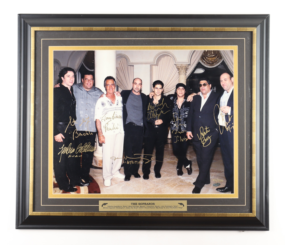 "The Sopranos" 20x26 Custom Framed Photo Display Cast-Signed by (8) With James Gandolfini, Michael Imperioli, Vincent Pastore With Multiple Inscriptions (Steiner) at PristineAuction.com "The Sopranos" 20x26 Custom Framed Photo Display Cast-Signed by (8) With James Gandolfini, Michael Imperioli, Vincent Pastore With Multiple Inscriptions (Steiner) at PristineAuction.com